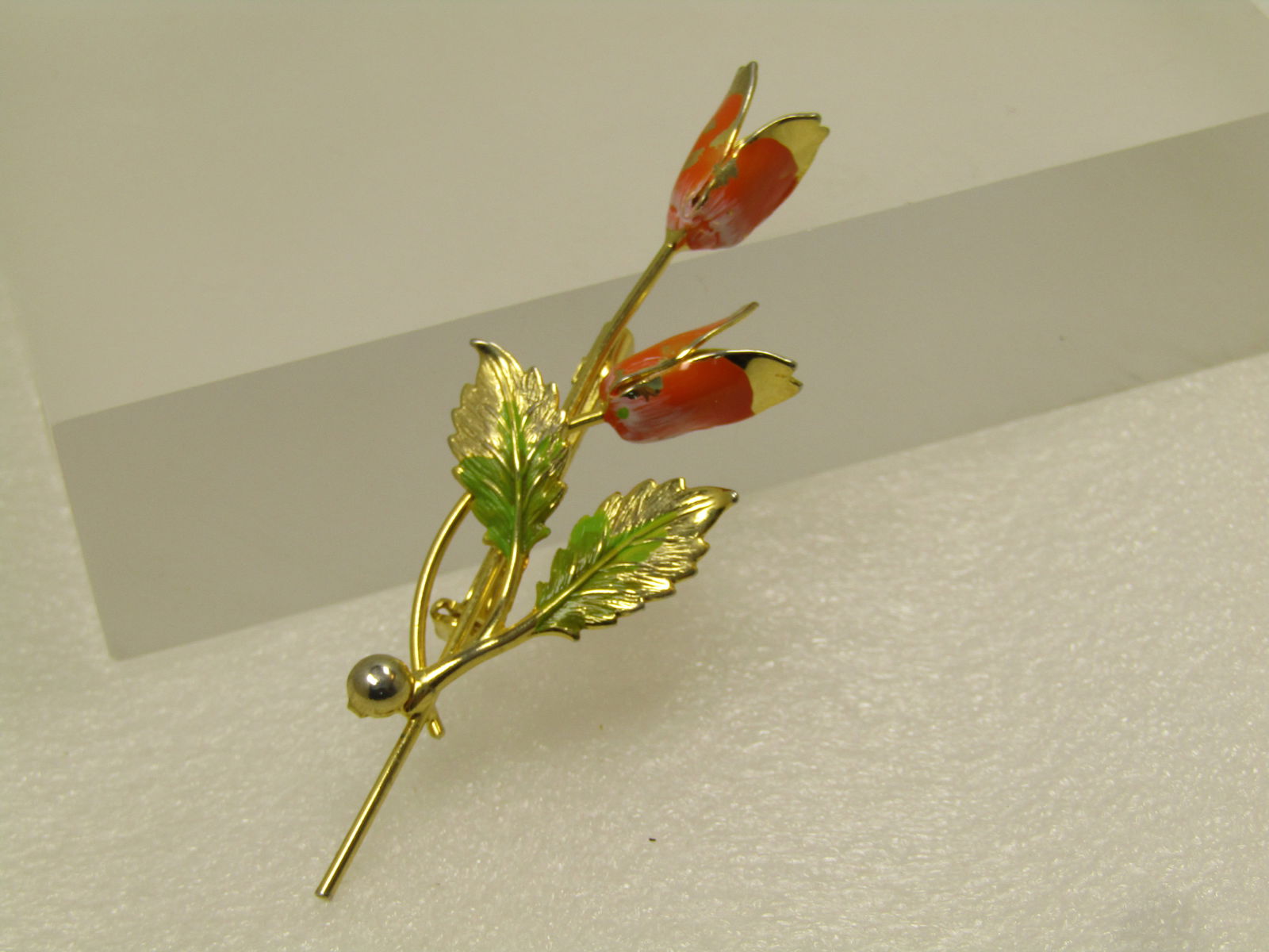 Vintage Orange Green Enameled Floral Brooch, 1960's - 2
