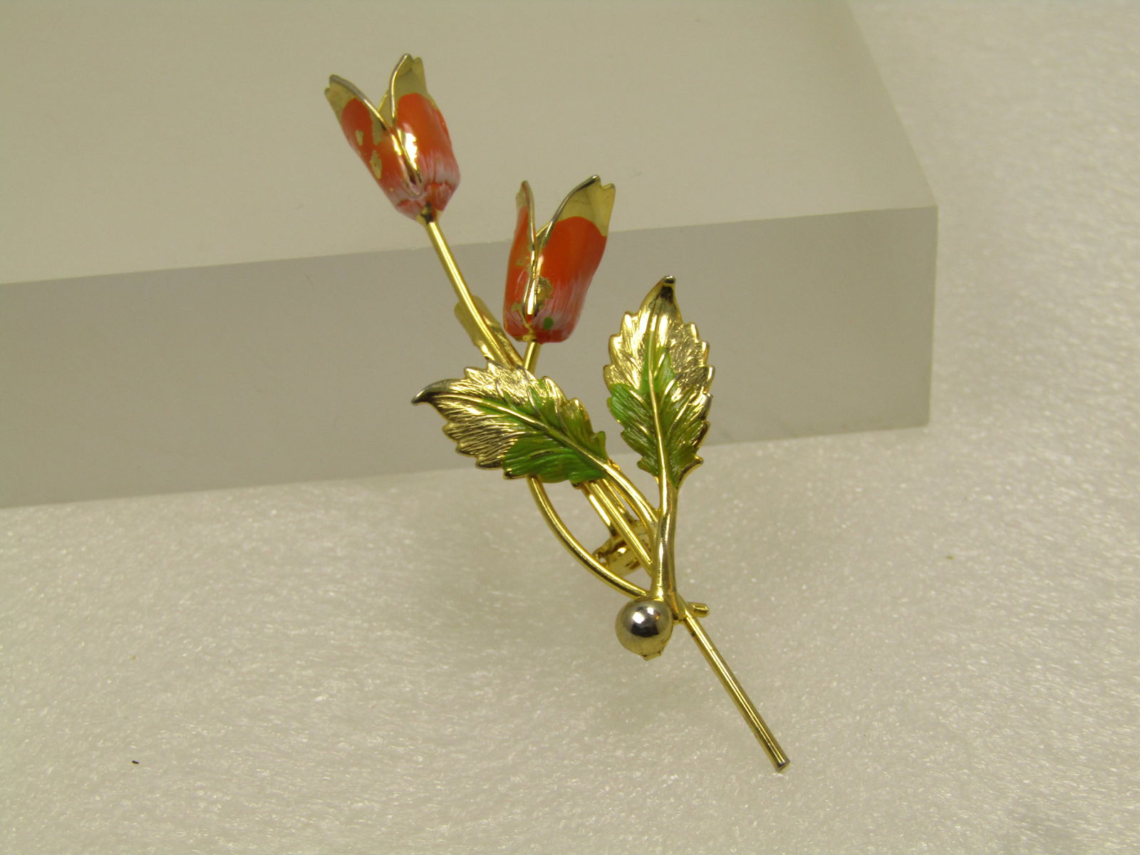 Vintage Orange Green Enameled Floral Brooch, 1960's - 3