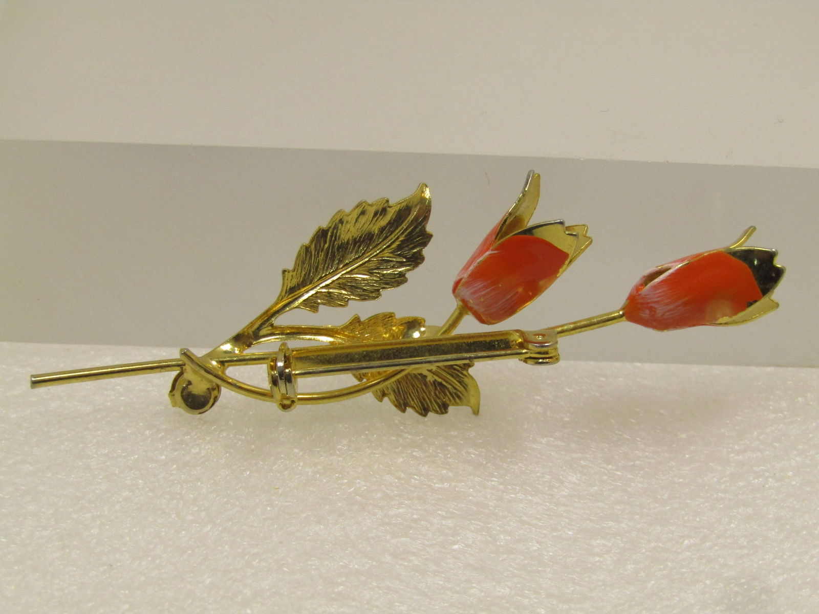 Vintage Orange Green Enameled Floral Brooch, 1960's - 4