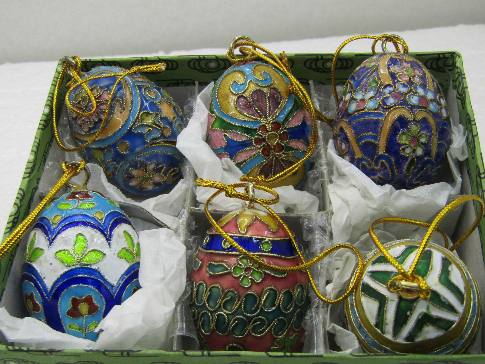 Cloisonne Eggs Set of Six, Boxed, 2", Floral, Alhambra, Cross Designs & More - 2