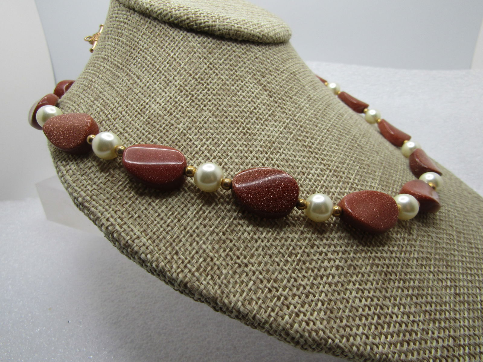 Vintage Gold Stone & Faux Pearl Toggle Necklace, 22", 1980's-1990's - 3