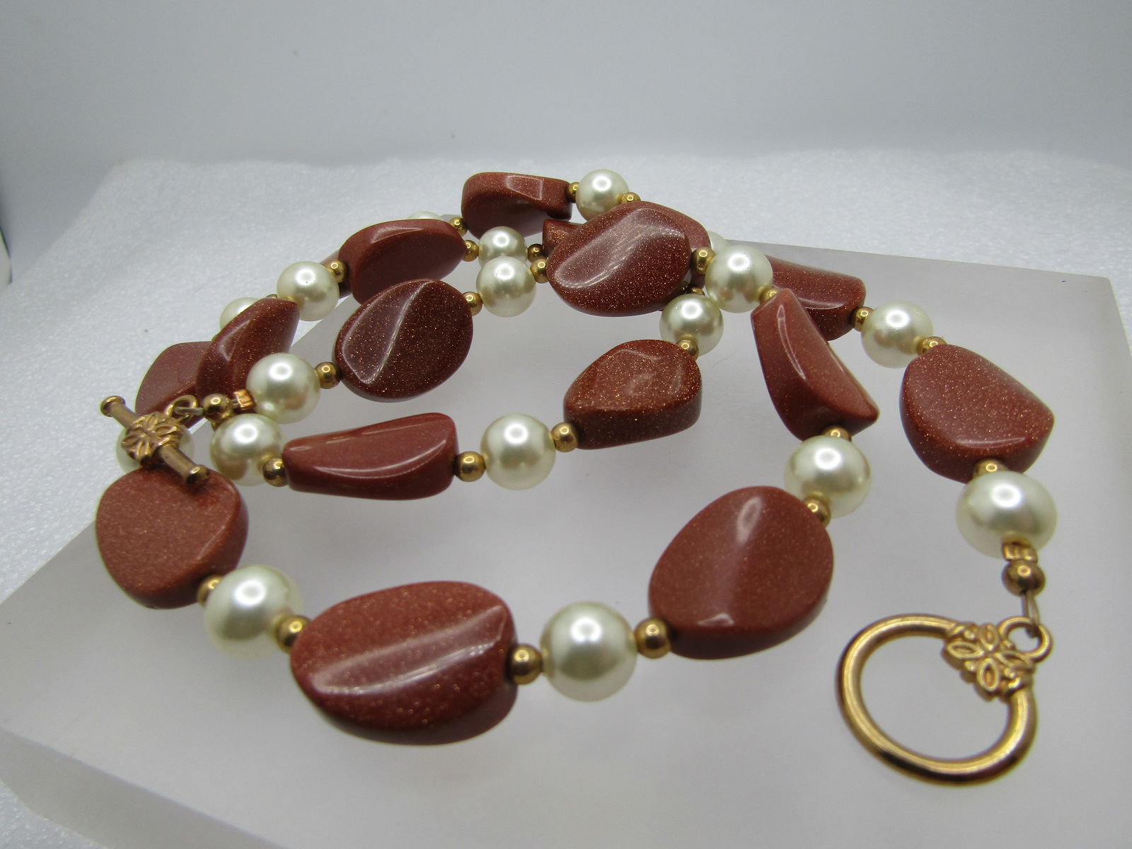 Vintage Gold Stone & Faux Pearl Toggle Necklace, 22", 1980's-1990's - 4
