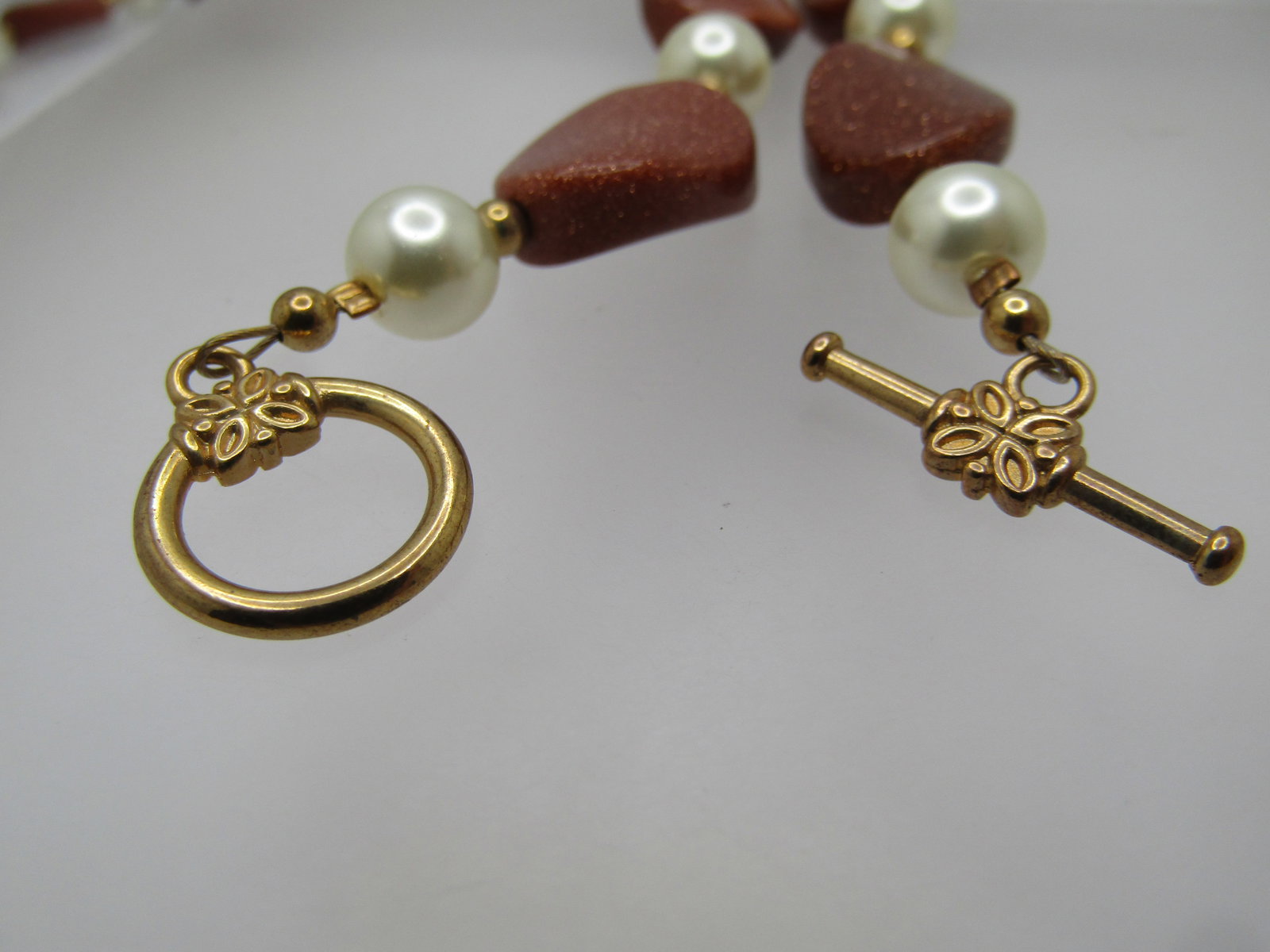 Vintage Gold Stone & Faux Pearl Toggle Necklace, 22", 1980's-1990's - 5