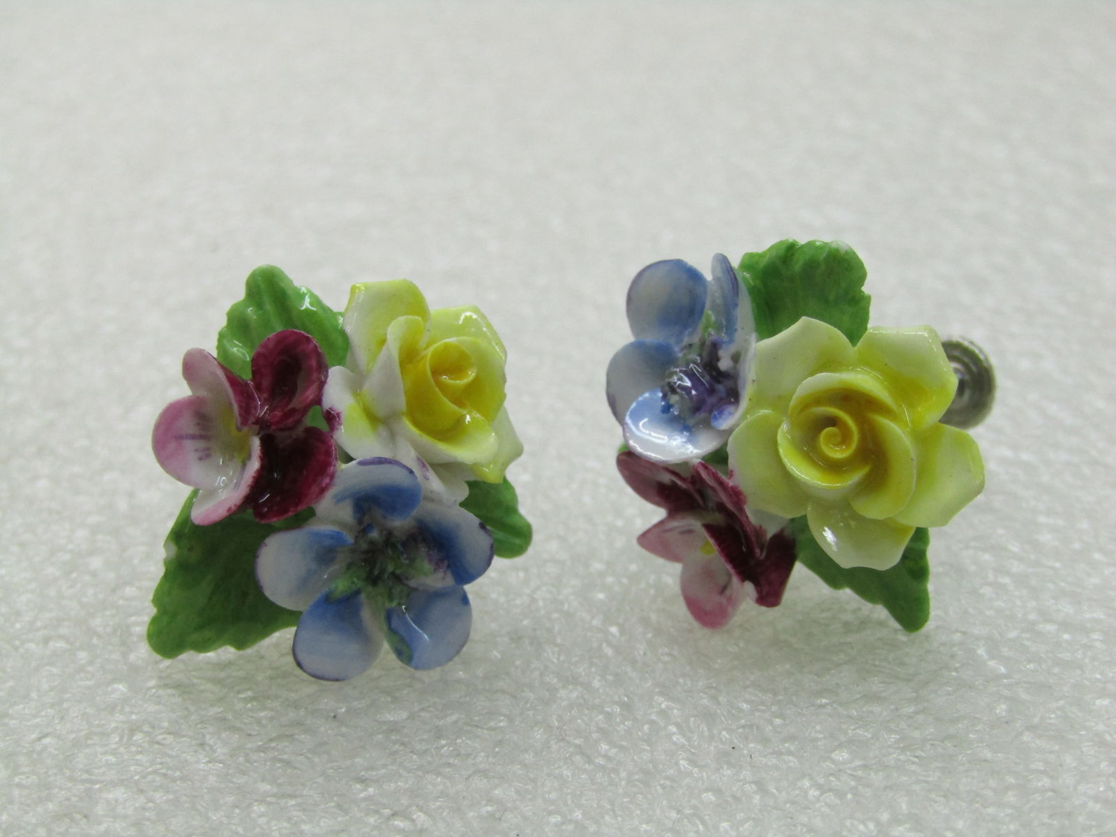 Vintage Porcelain Floral Earrings, Screw Back, 1970's - 2