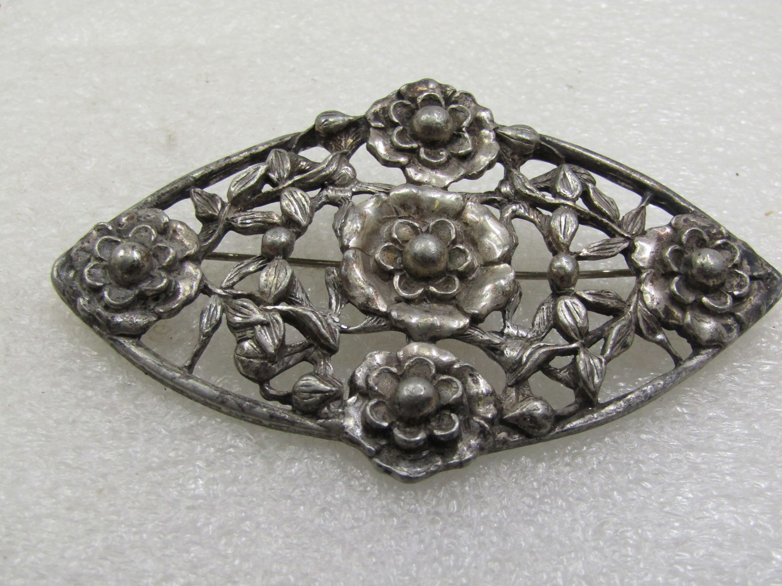 Vintage Silver Floral Brooch, 3.25" by 2.25", 1920's-1930's - 4
