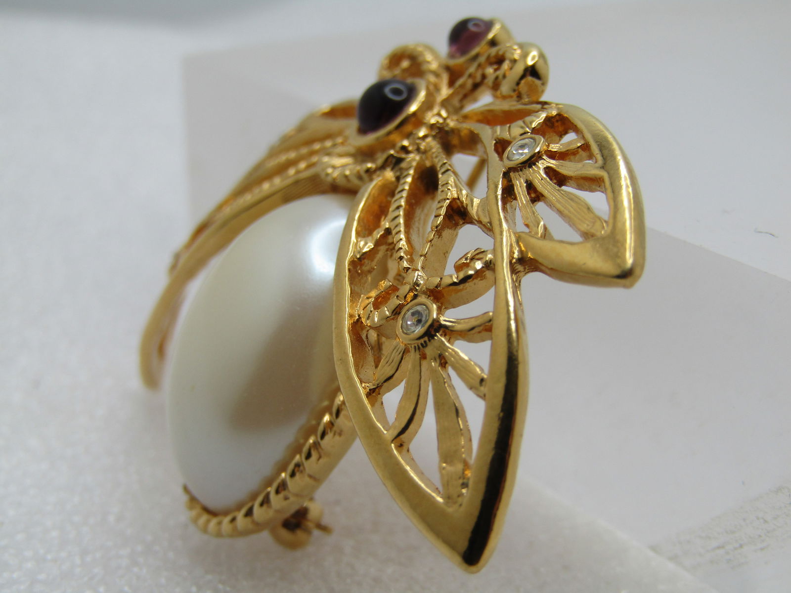 Vintage Moth/Insect Brooch, Faux Pearl & Rhinestone, Avon, 1980's - 2