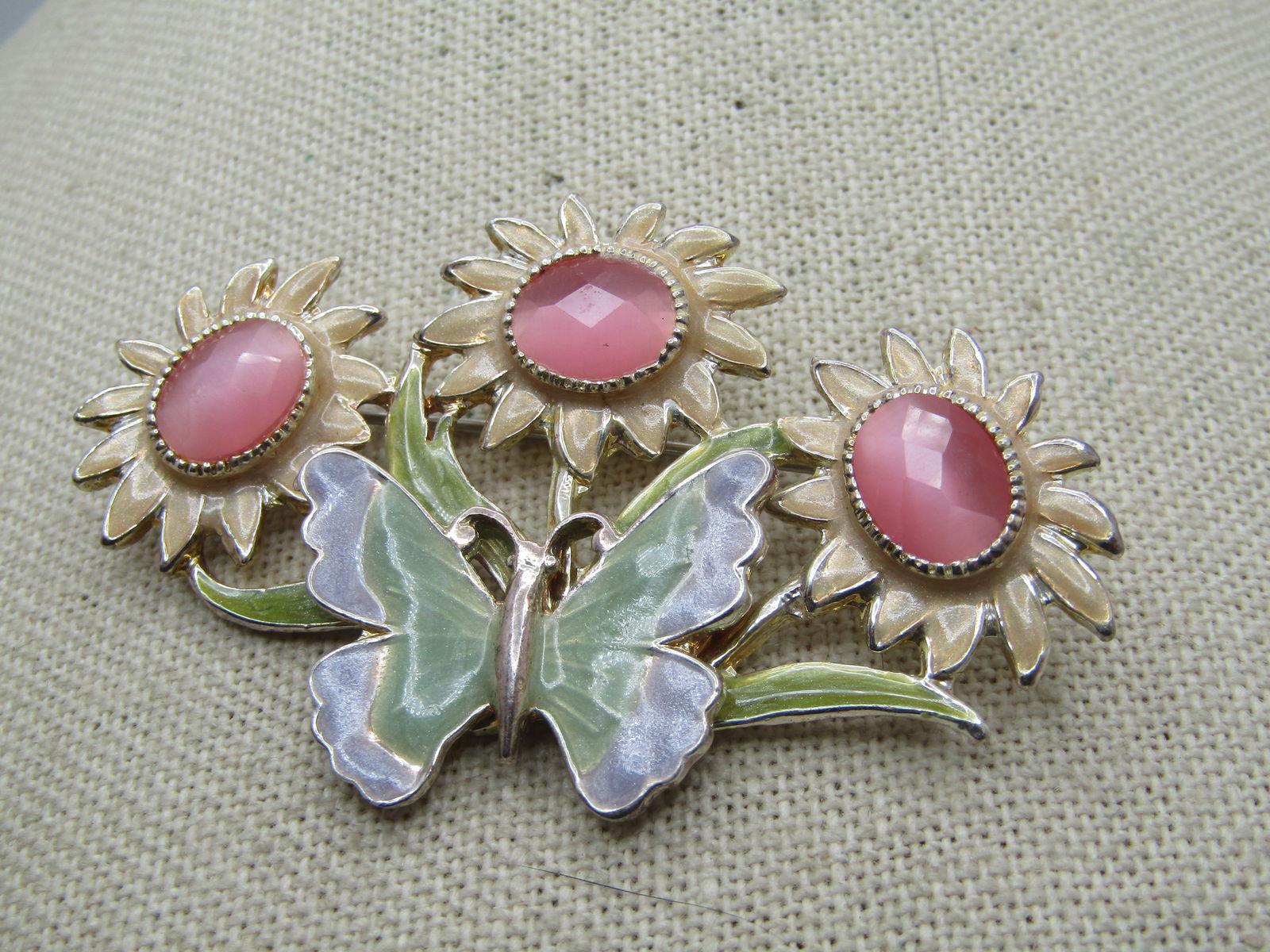 Vintage Enameled Triple Flower & Butterfly Brooch, Siigned K.C. - Kenneth Cole, 1990's - 2
