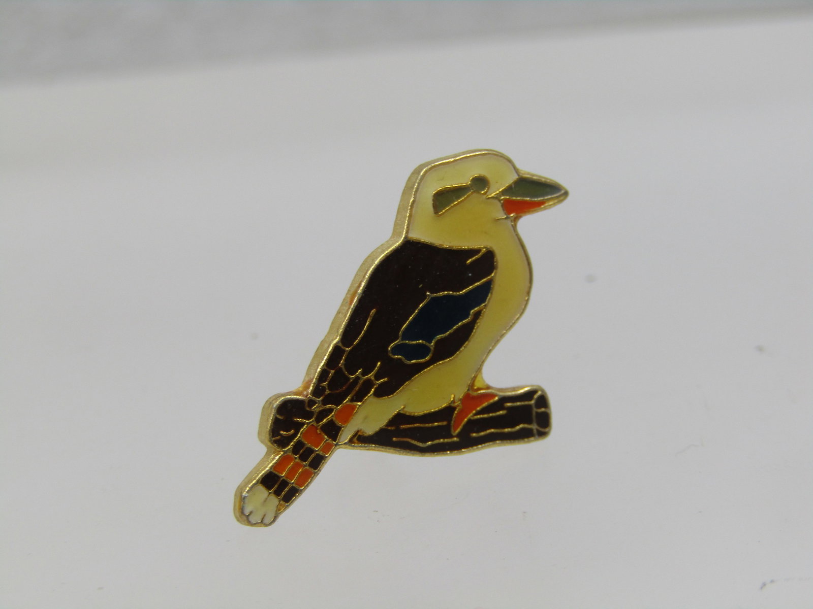 Vintage Enameled Bird on Branch Brooch, Black and Orange, Signed - 3