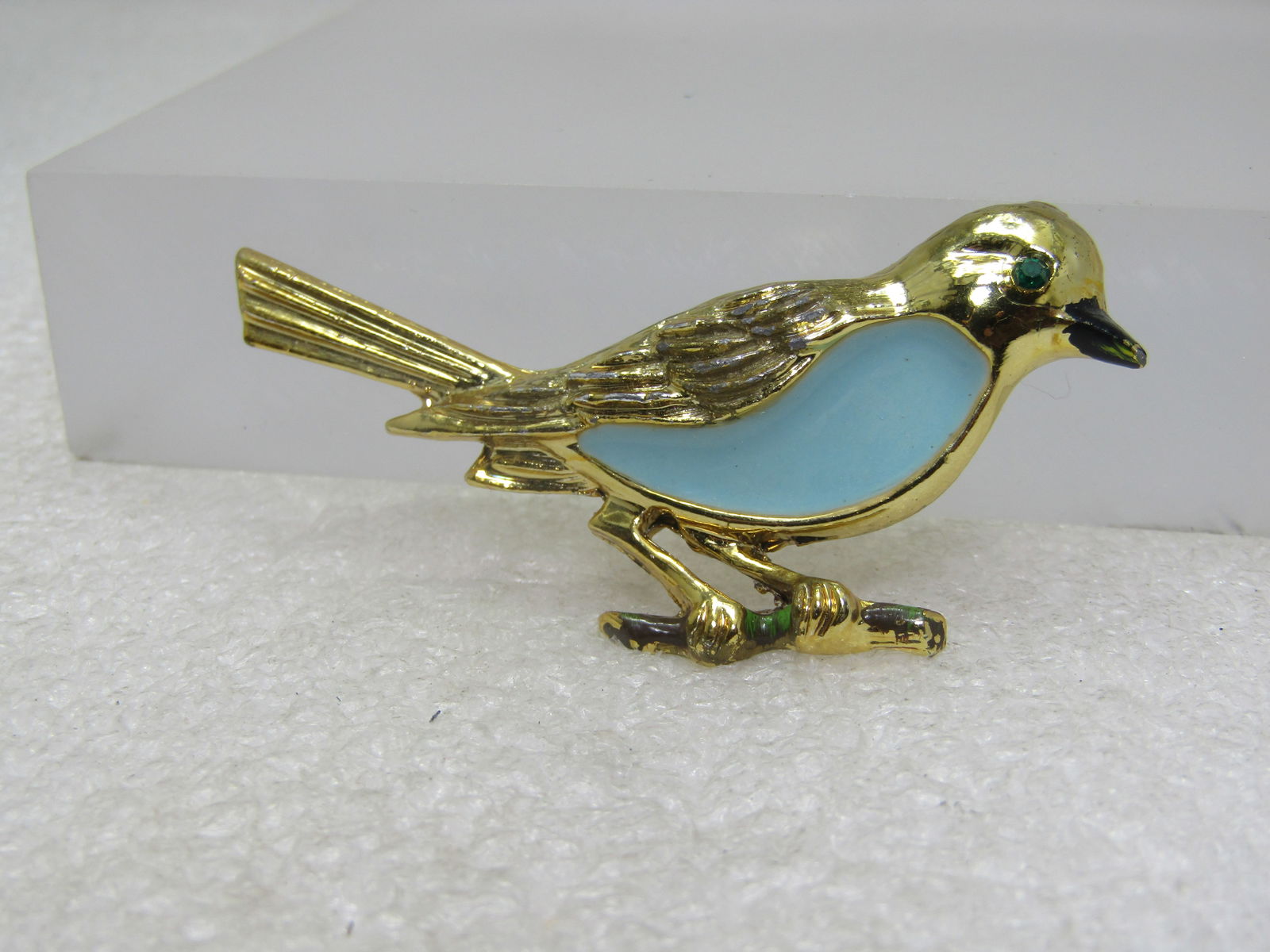 Vintage Bird on Branch Brooch, Enameled Belly & Beak, 1970's - 2