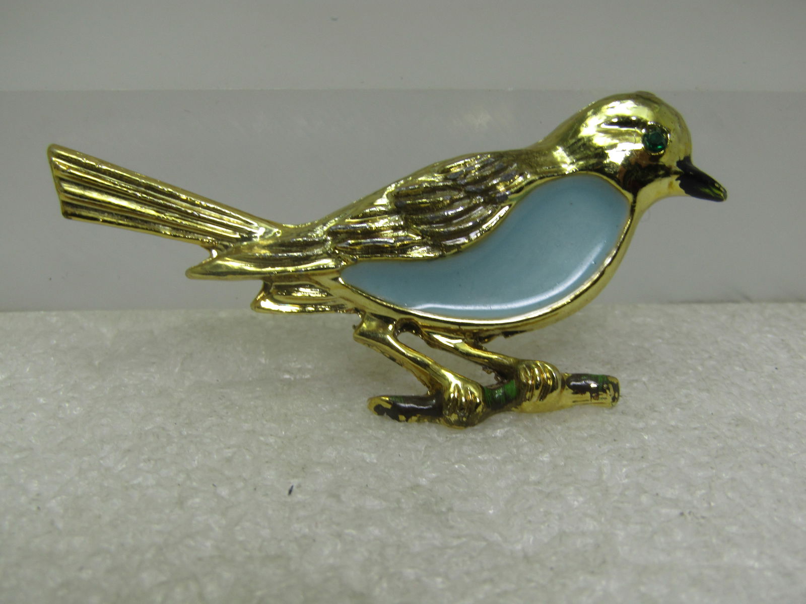 Vintage Bird on Branch Brooch, Enameled Belly & Beak, 1970's - 3