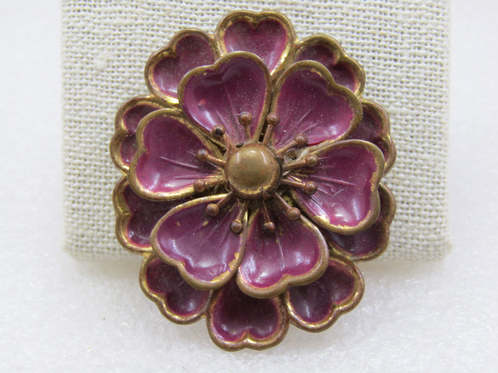 Victorian Purple Tiered Flower Brooch, Brass Setting, C-Clasp, 1800's - 2