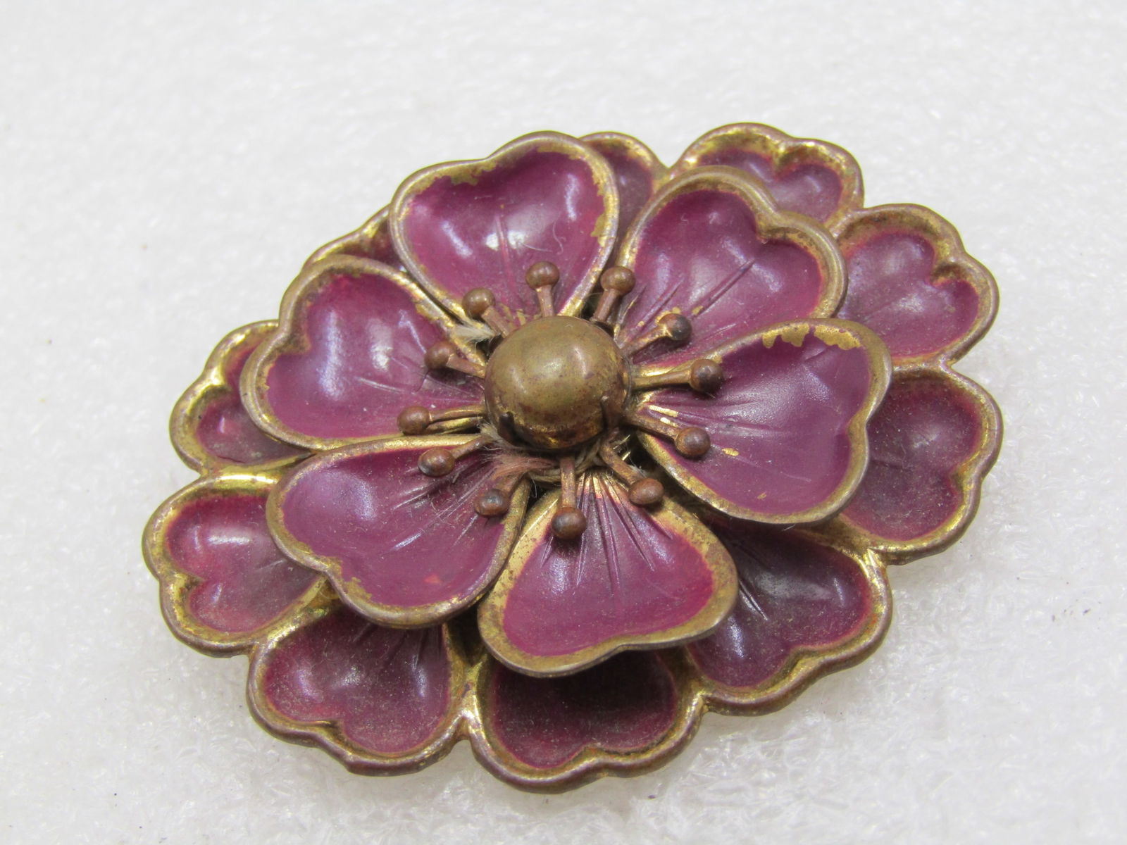 Victorian Purple Tiered Flower Brooch, Brass Setting, C-Clasp, 1800's - 4