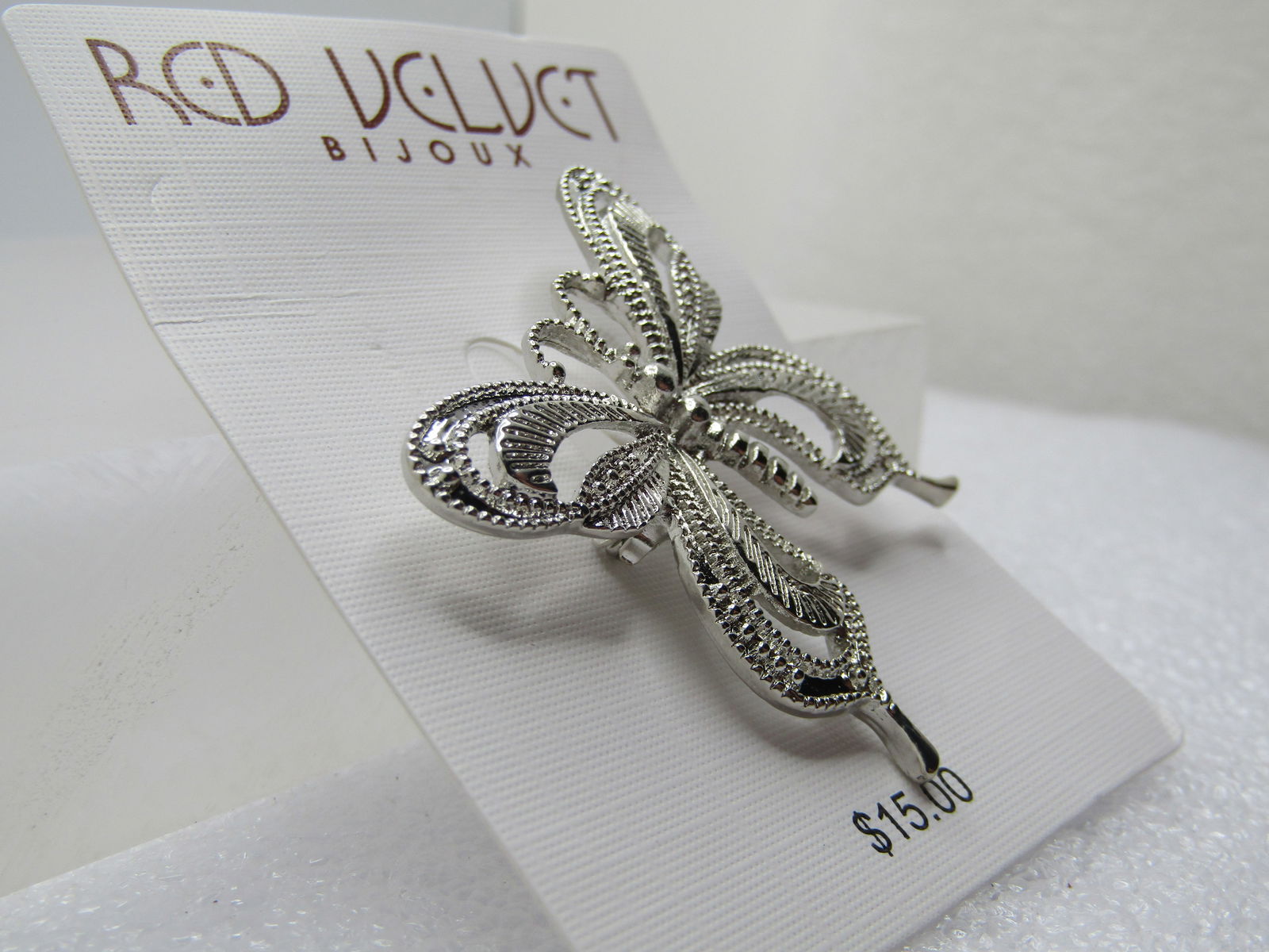 Silver Tone Butterfly Brooch, Red Velvet Bijoux, on Card. 1990's - 2