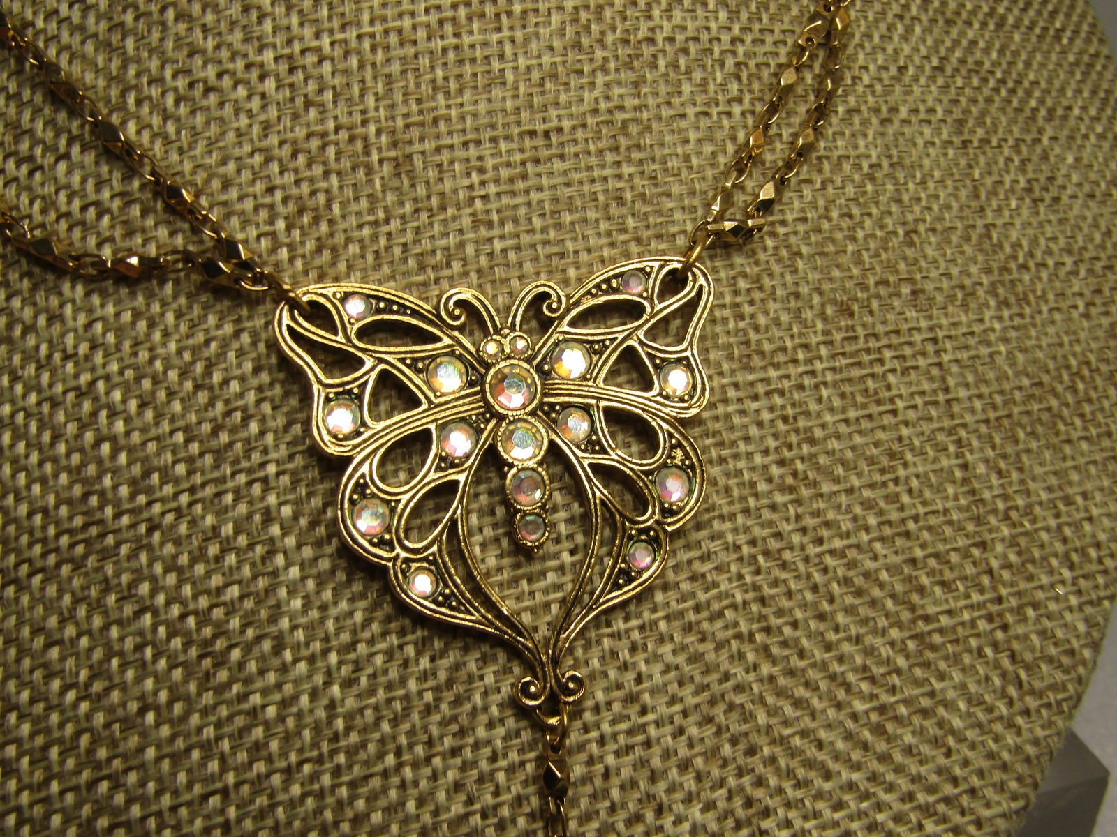Vintage Aurora Borealis Butterfly Necklace, Lavaliet, 18", 1980's-1990's, Avon - 2