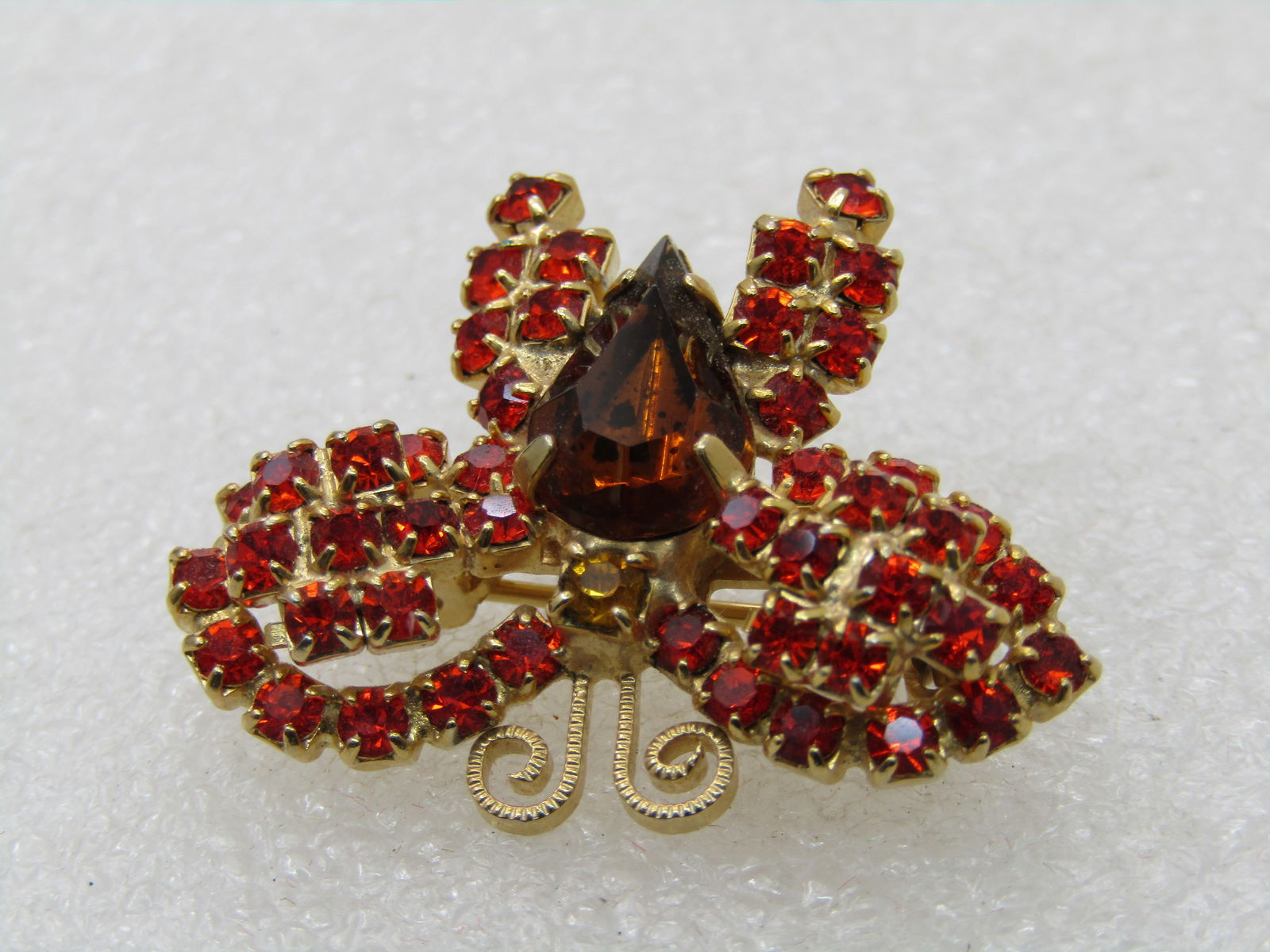 Vintage Orange/Red Rhinestone Butterfly Brooch, 1960's, Gold Tone, 1.25" wide, 1" Tall - 2