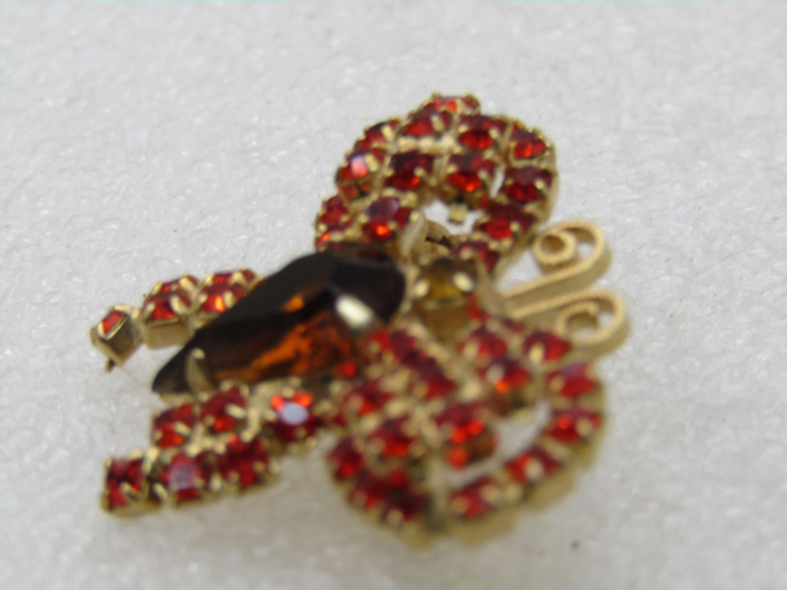 Vintage Orange/Red Rhinestone Butterfly Brooch, 1960's, Gold Tone, 1.25" wide, 1" Tall - 3