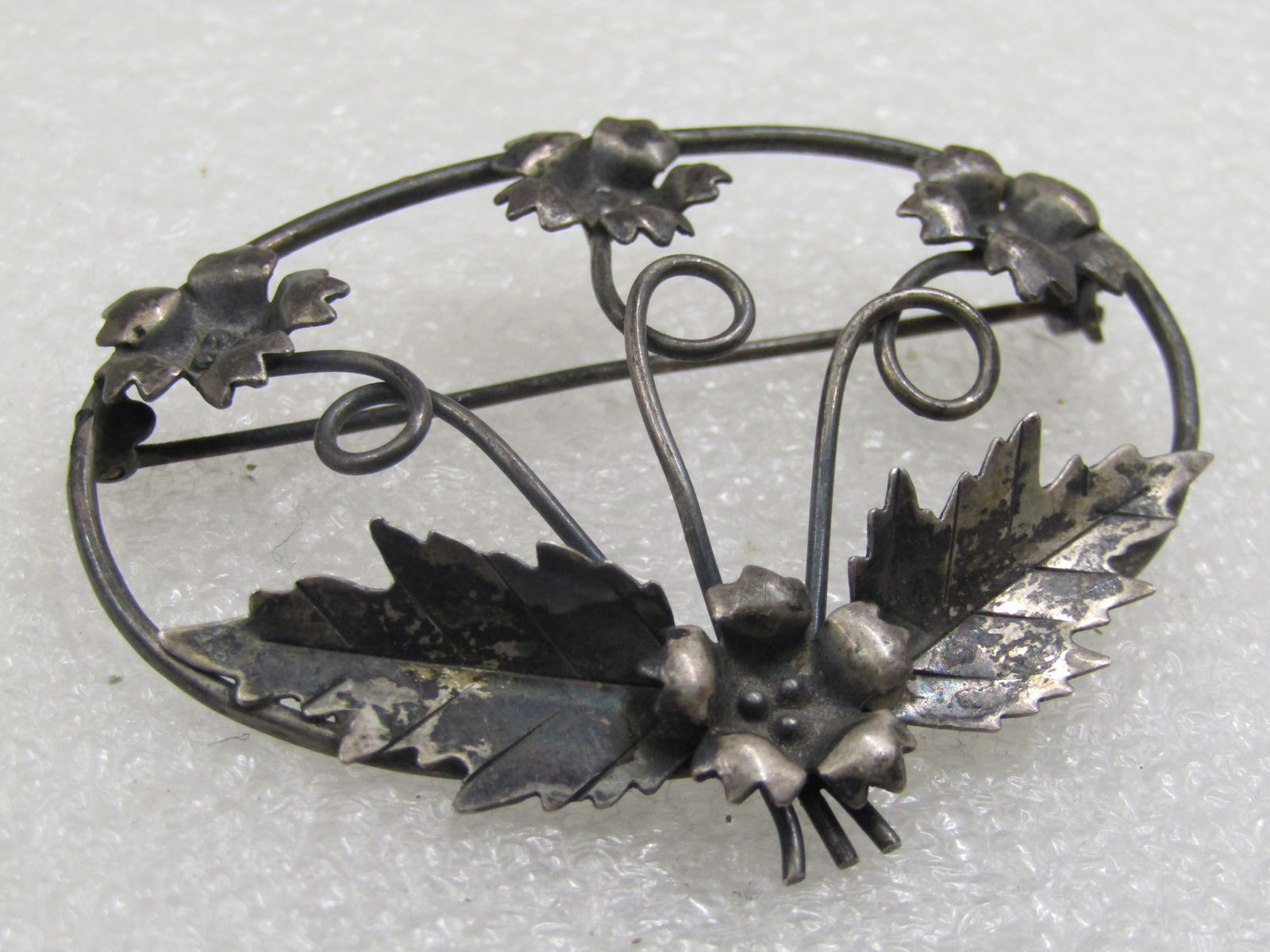 Antique Sterling Floral Brooch, Open Oval Design, 2.25" by 1.5" - 2