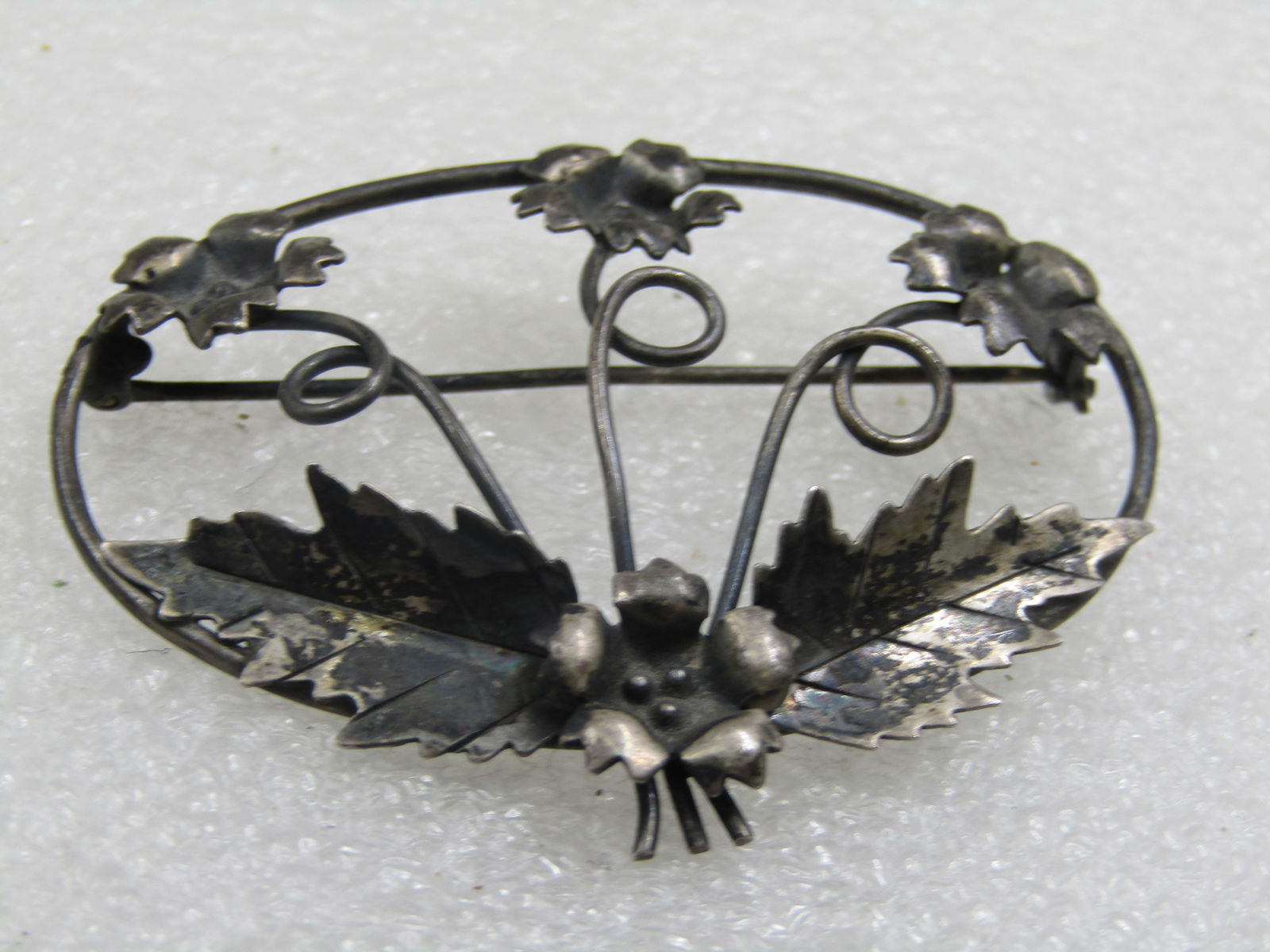 Antique Sterling Floral Brooch, Open Oval Design, 2.25" by 1.5" - 3