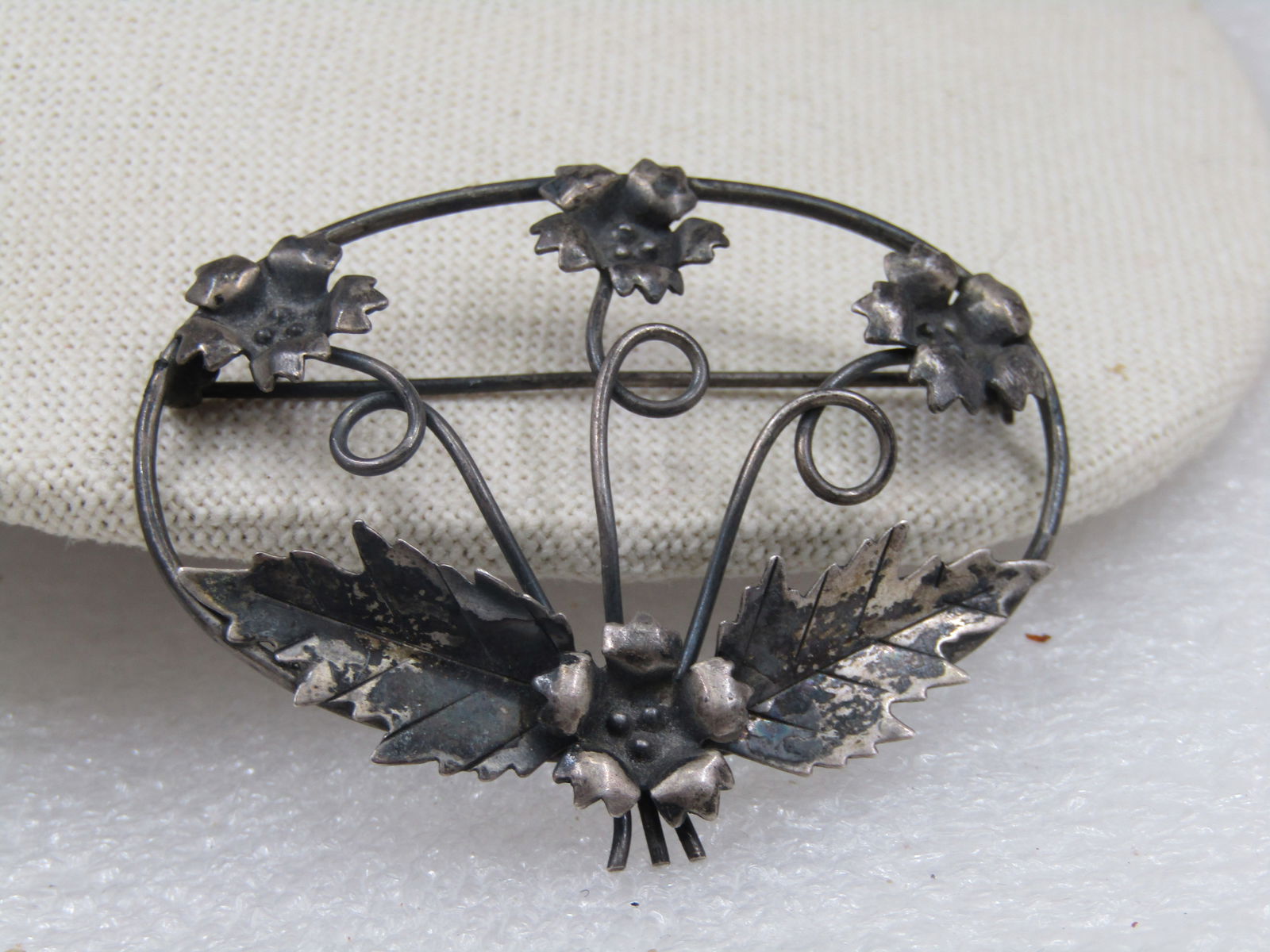 Antique Sterling Floral Brooch, Open Oval Design, 2.25" by 1.5" - 5