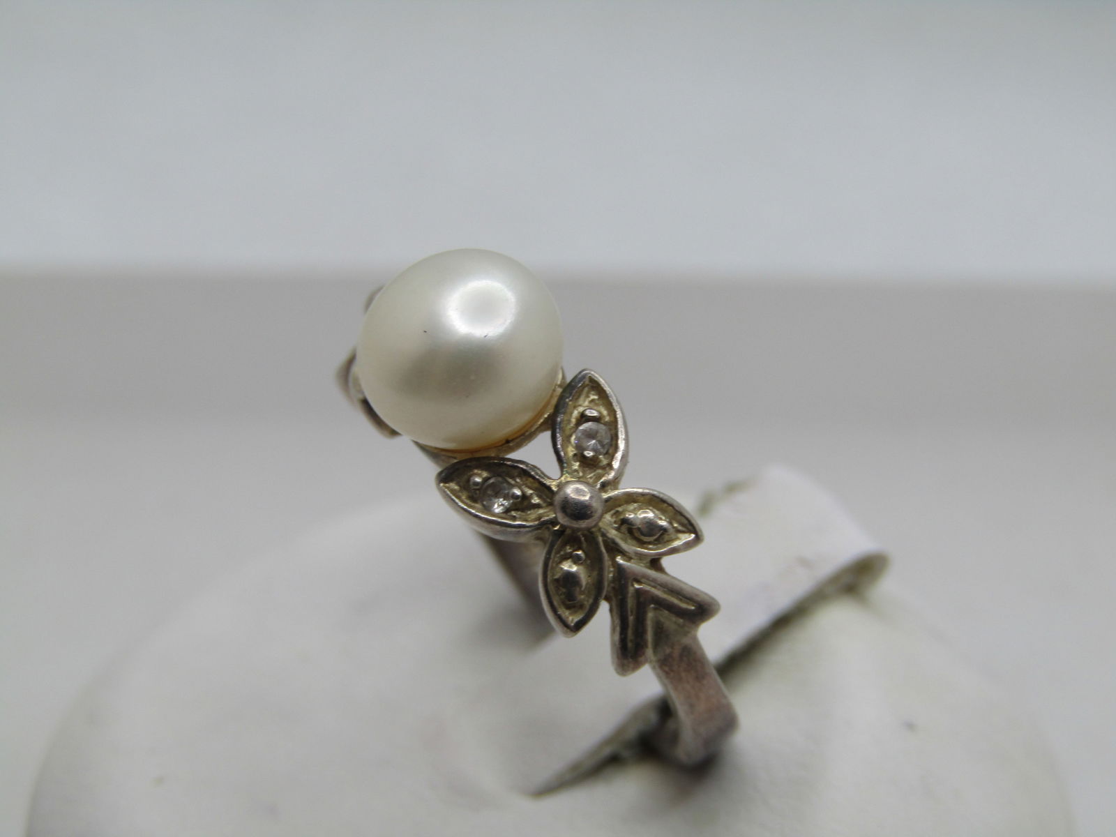 Vintage Sterling Faux Pearl CZ Ring, Sz. 6. Butterfly Accents, 1980's, Signed - 2