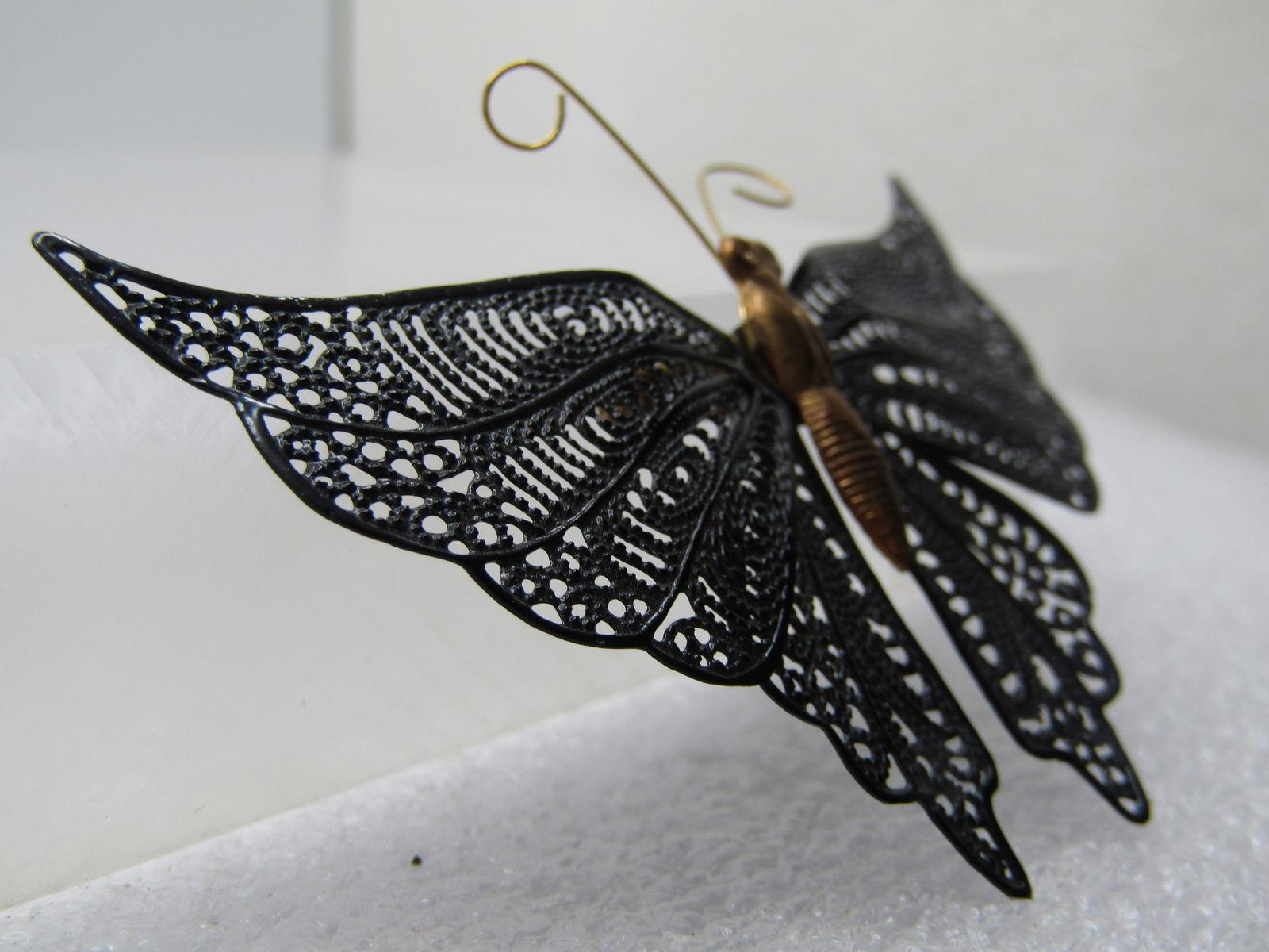 Vintage Black Enameled Filigree Butterfly Brooch, 1940's-1950's - 2