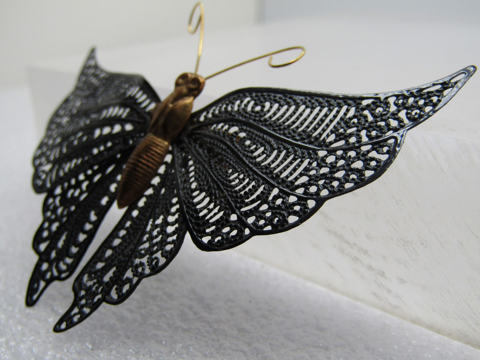 Vintage Black Enameled Filigree Butterfly Brooch, 1940's-1950's - 3