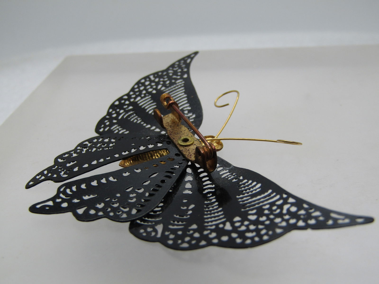 Vintage Black Enameled Filigree Butterfly Brooch, 1940's-1950's - 6