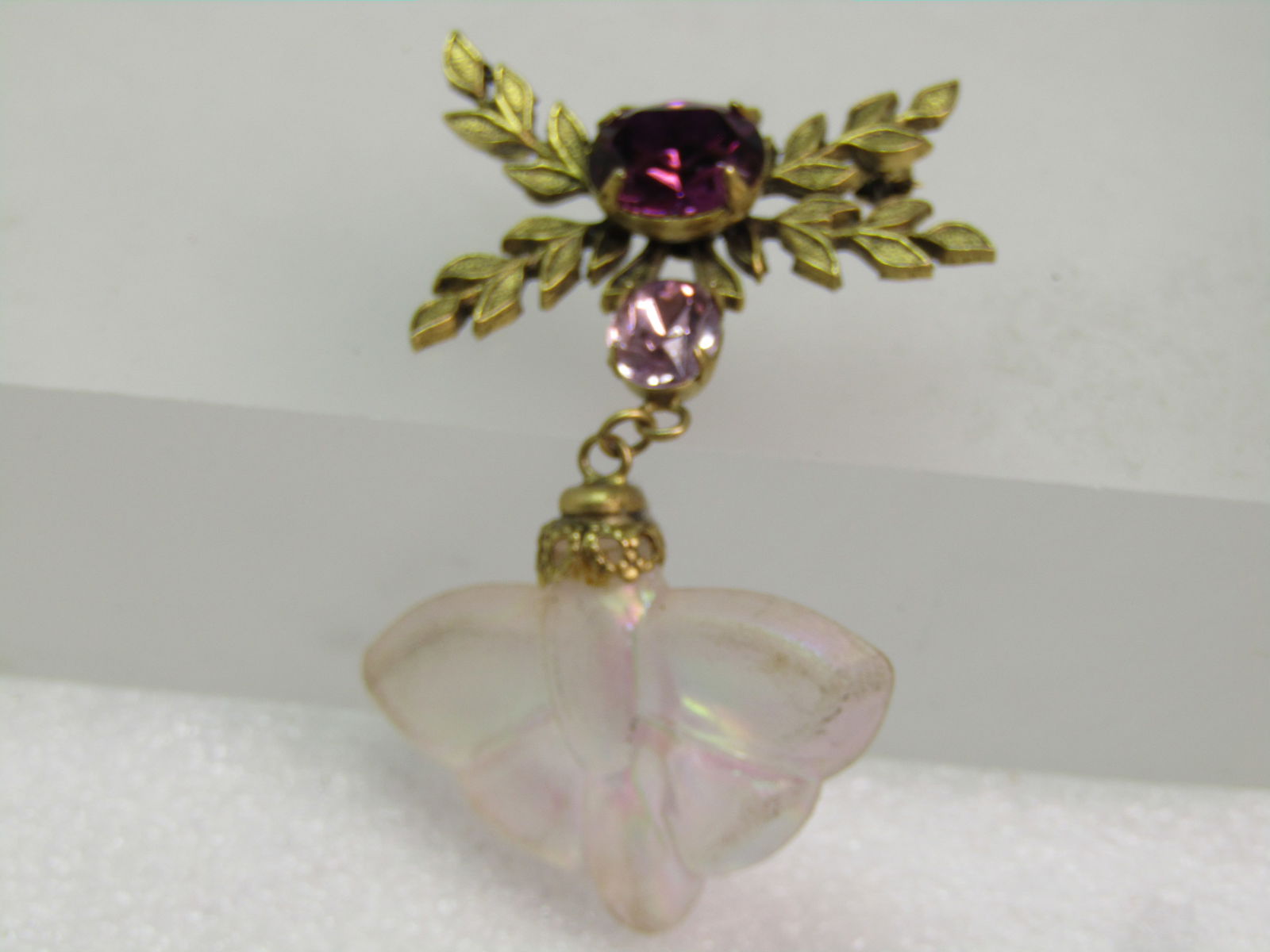 Vintage Dangling Butterfly Rhinestone Leaf Brooch, Opalescent, Signed F, 1980's-1990's - 2