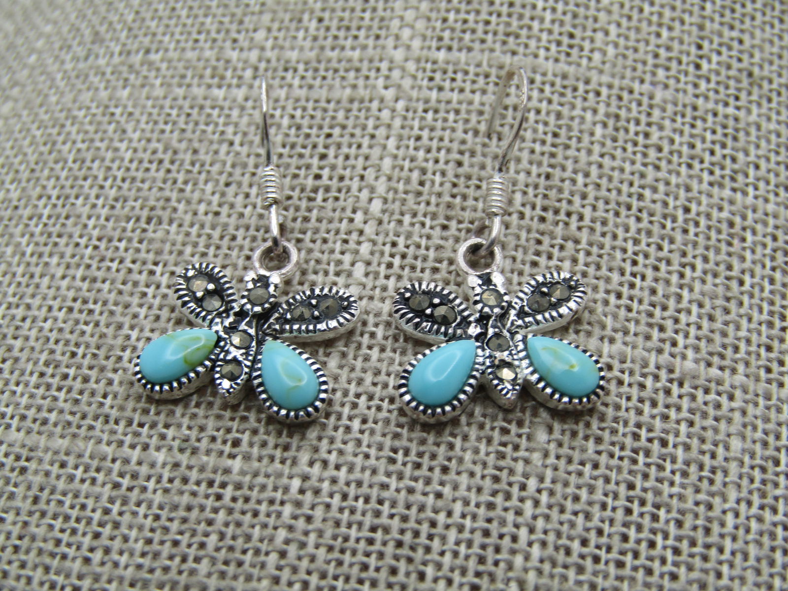 Sterling Marcasite Butterfly Earrings, Faux Turquoise, Pierced, 1990's, Signed - 2