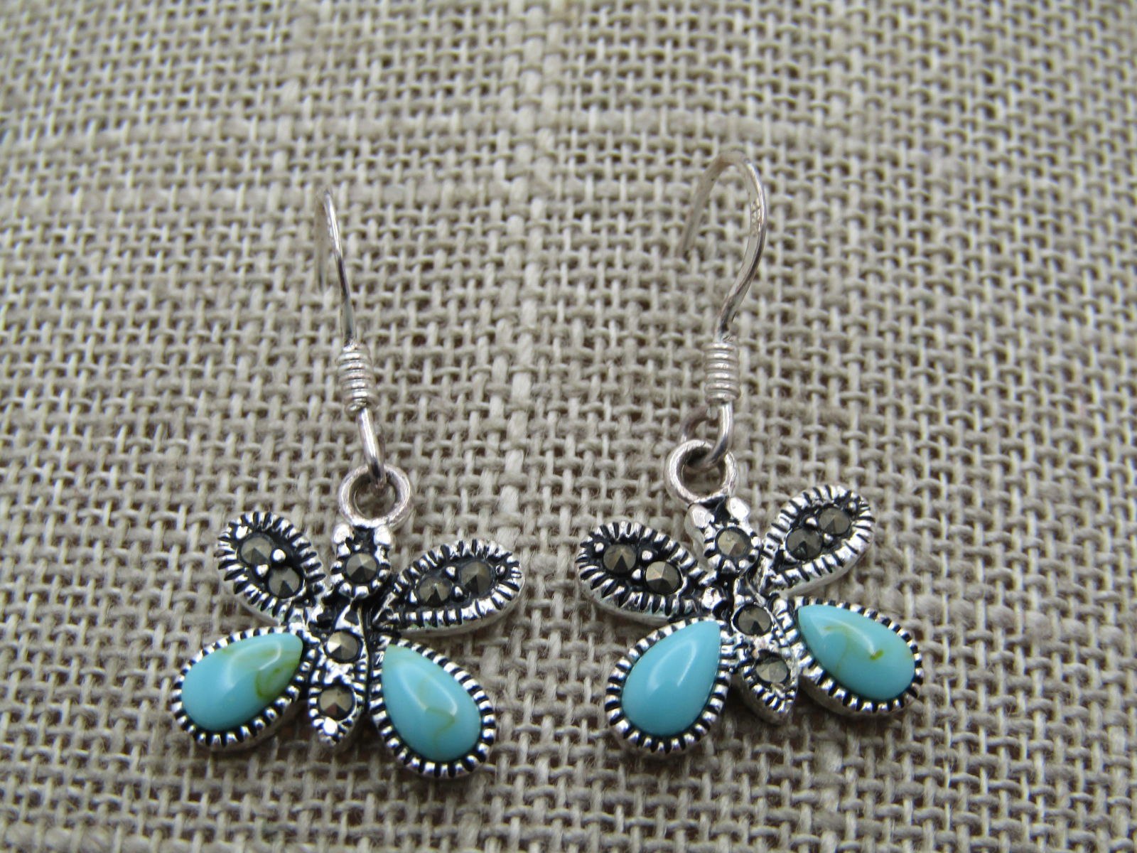 Sterling Marcasite Butterfly Earrings, Faux Turquoise, Pierced, 1990's, Signed - 3