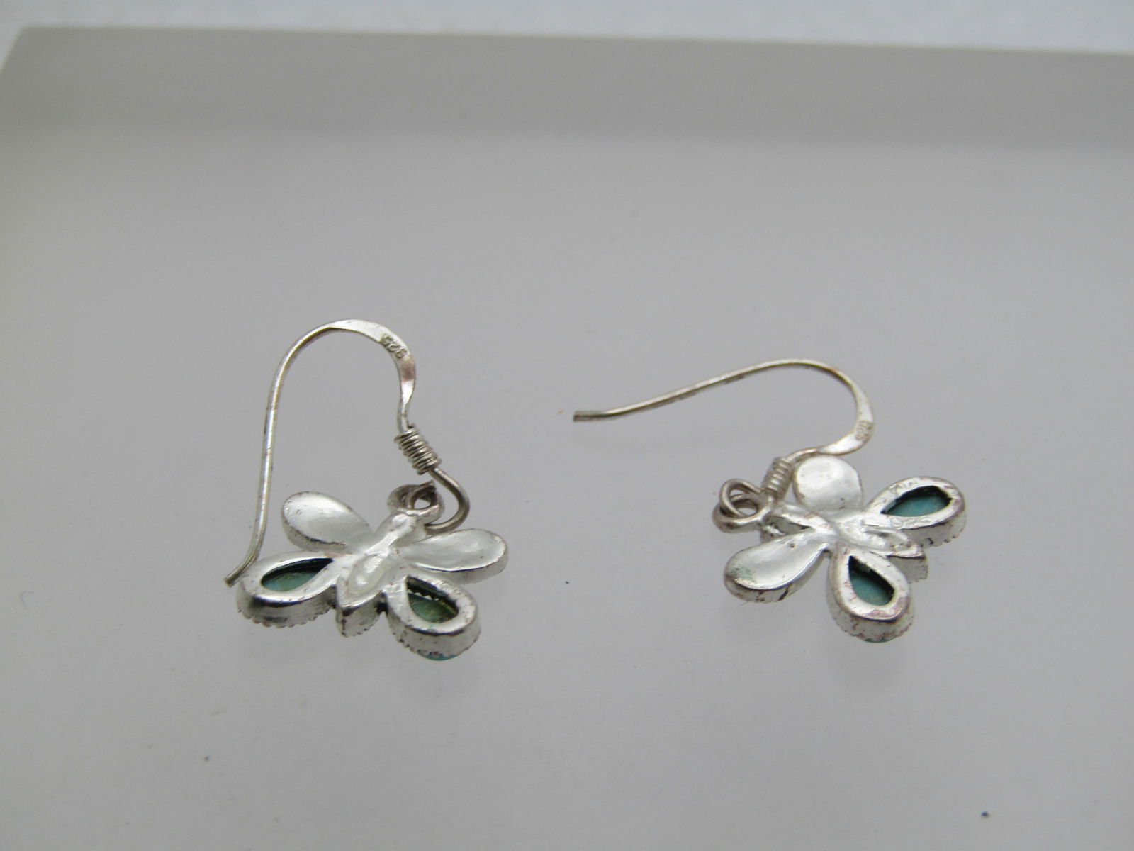 Sterling Marcasite Butterfly Earrings, Faux Turquoise, Pierced, 1990's, Signed - 4