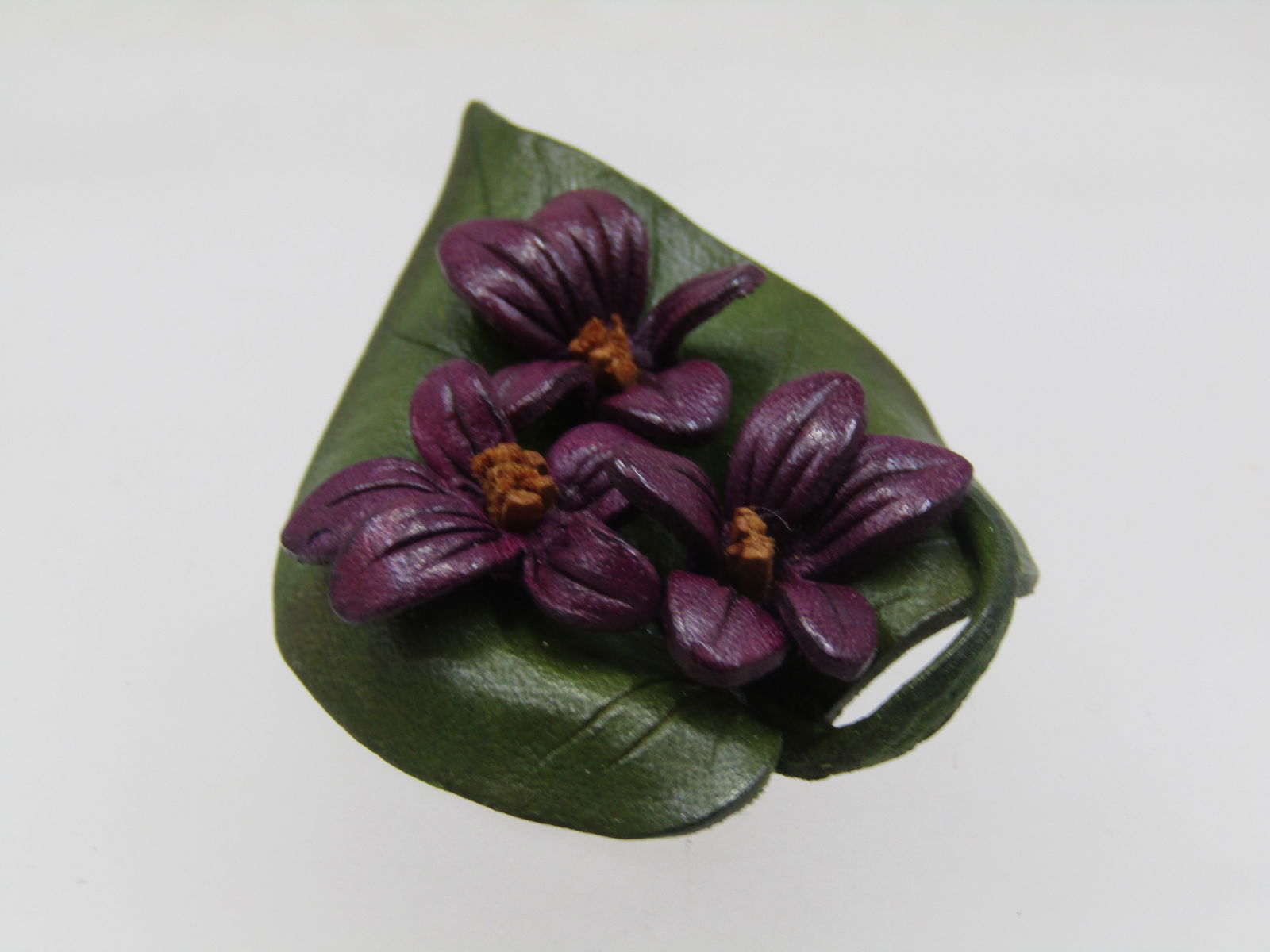Vintage Leather Floral & Leaf Brooch, Purple & Green, 1.5" - 2