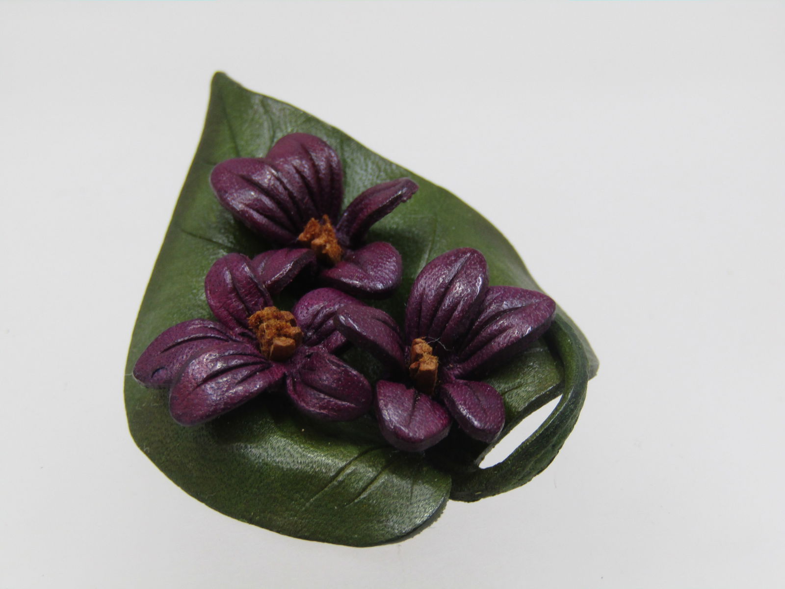 Vintage Leather Floral & Leaf Brooch, Purple & Green, 1.5" - 3