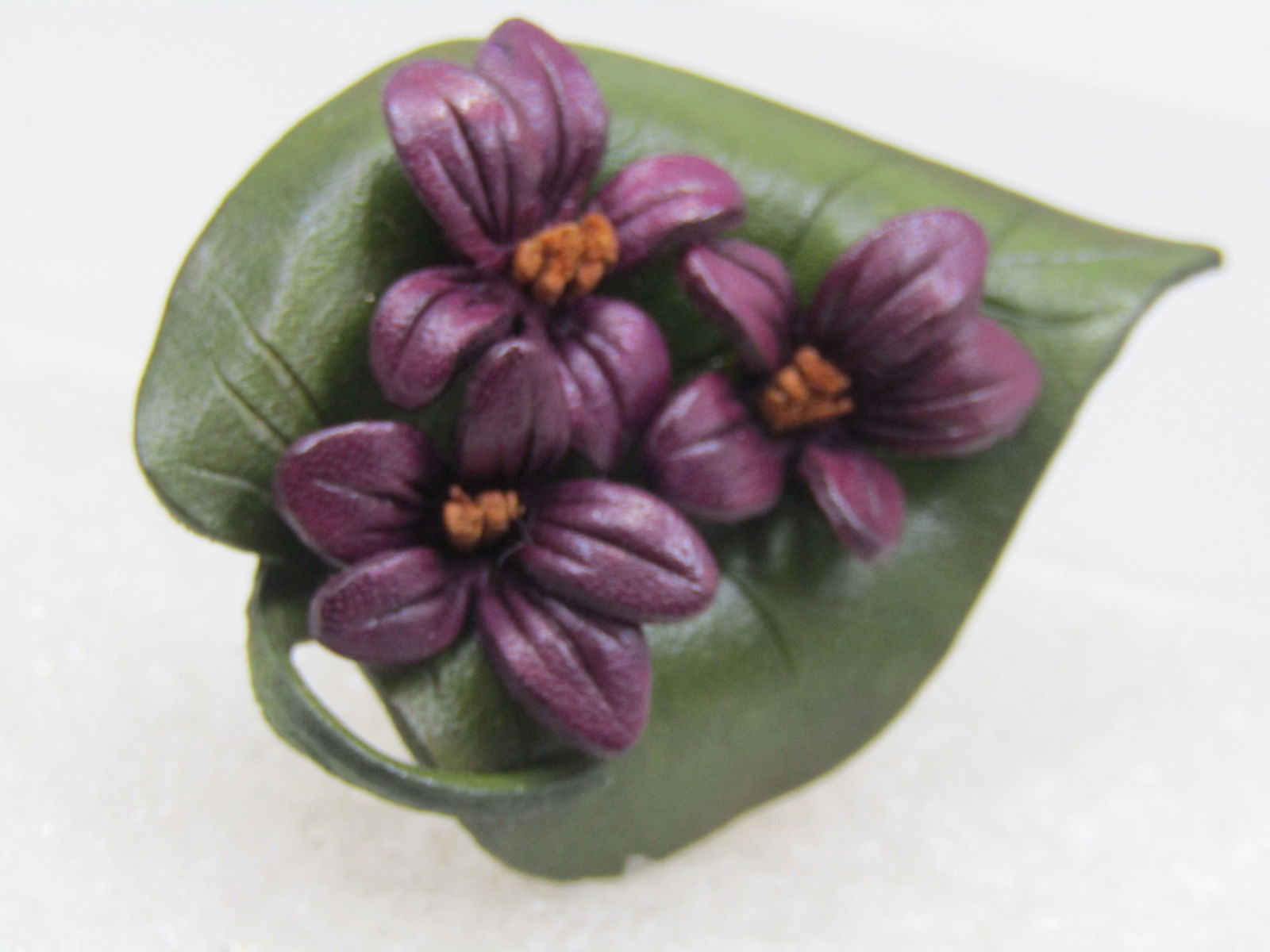 Vintage Leather Floral & Leaf Brooch, Purple & Green, 1.5" - 5