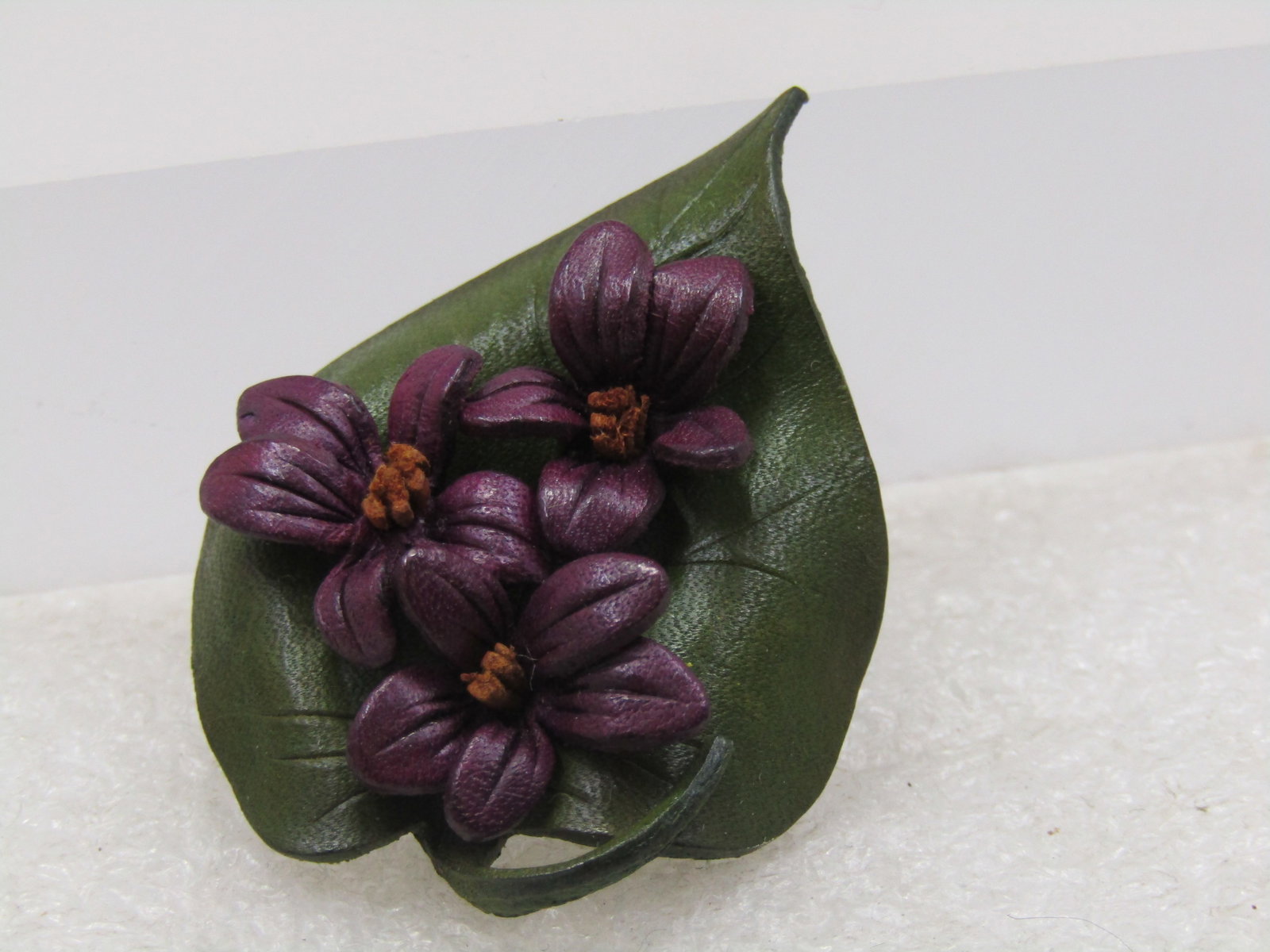 Vintage Leather Floral & Leaf Brooch, Purple & Green, 1.5" - 6