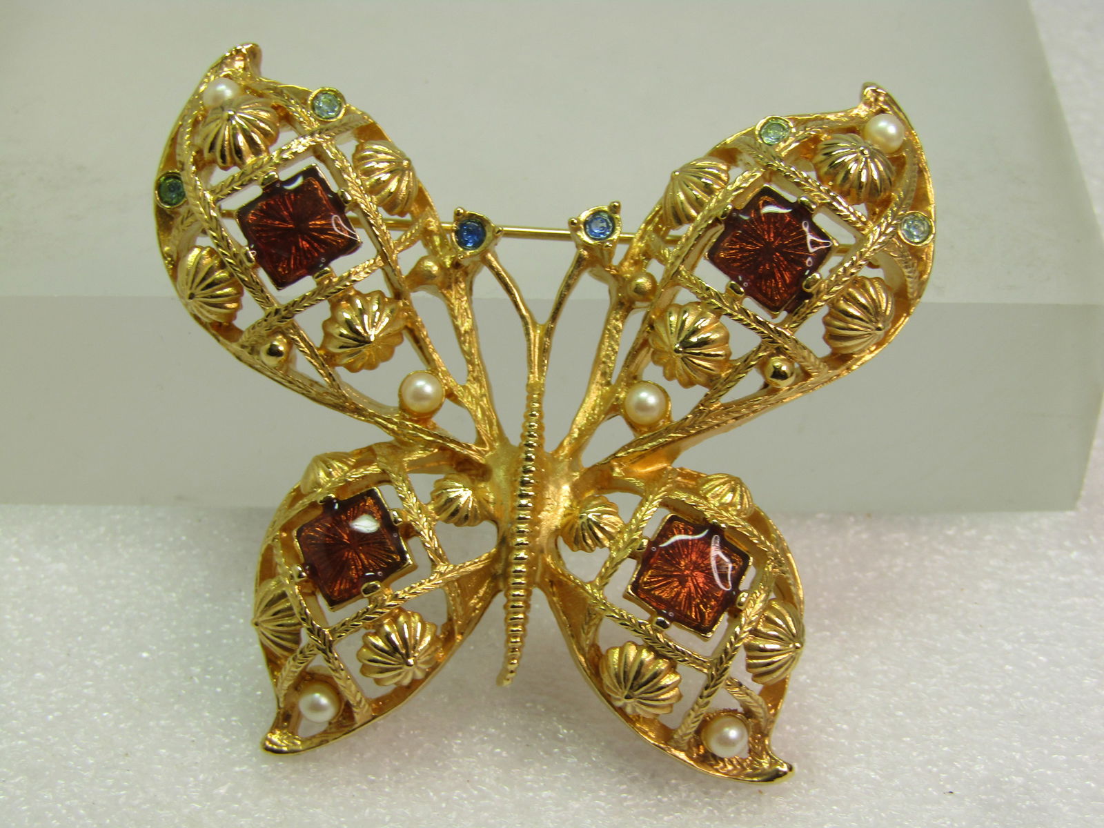Vintage Avon Enameled Butterfly Brooch - Rhinestones/Faux Pearls, 1980's - 2