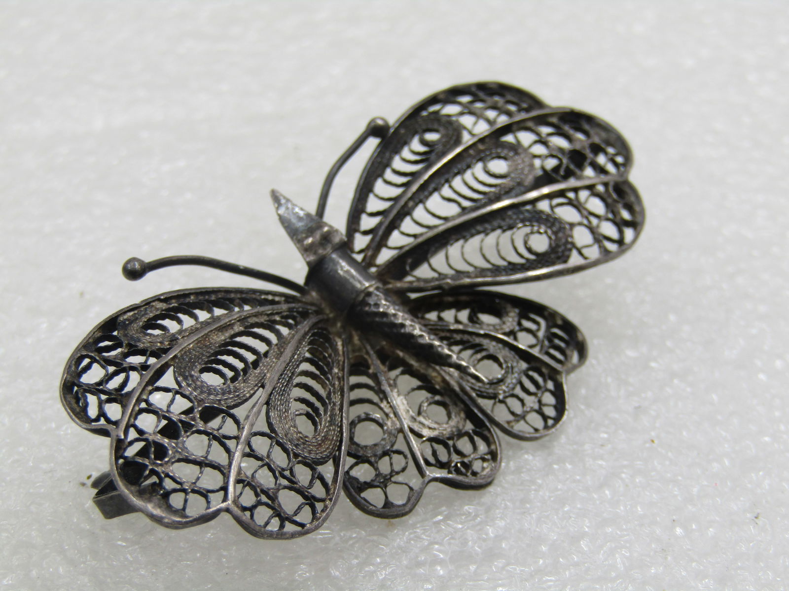 Antique Silver Filigree Butterfly Brooch, 2-3/8", .800 Silver, 1930's, C-Clasp - 2