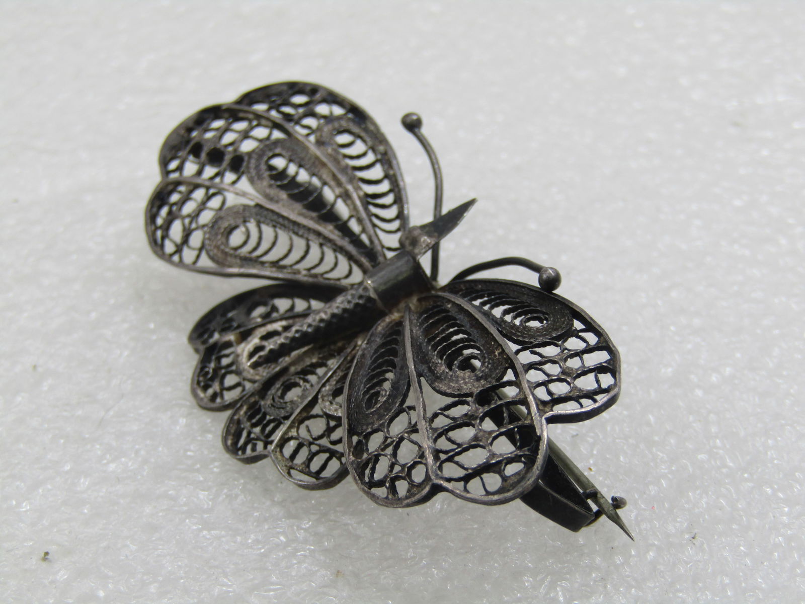 Antique Silver Filigree Butterfly Brooch, 2-3/8", .800 Silver, 1930's, C-Clasp - 3