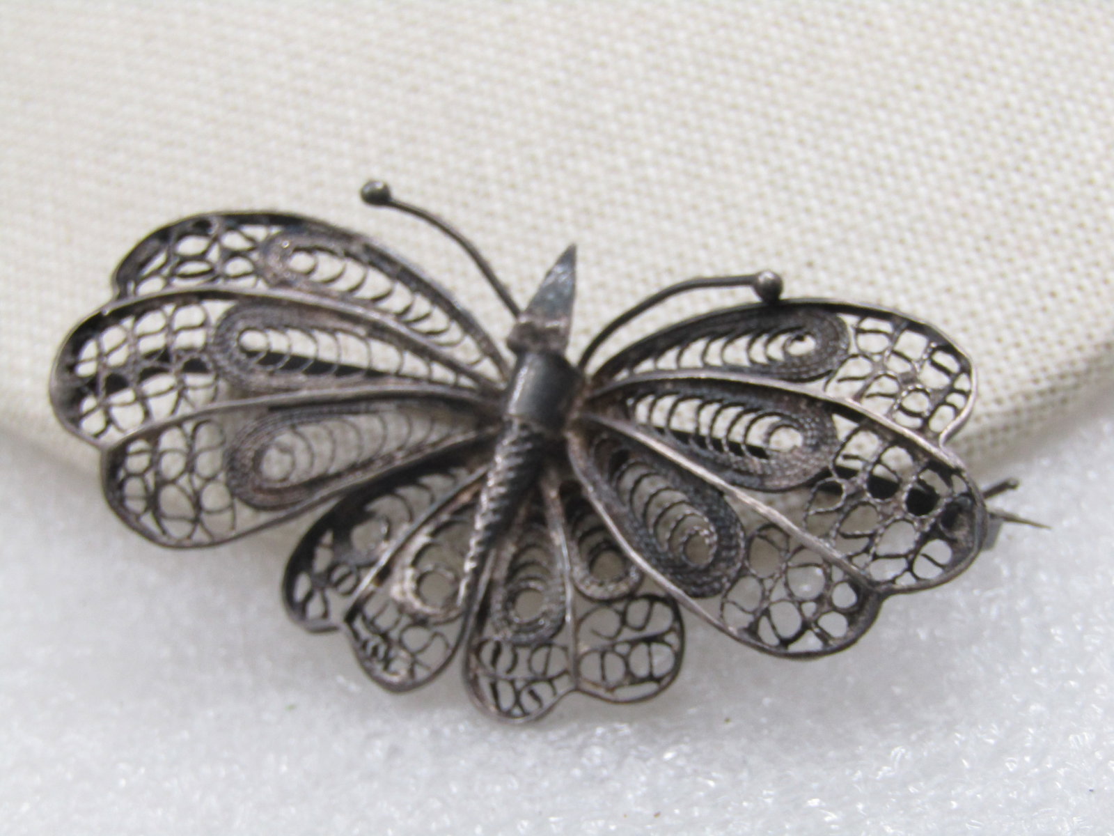 Antique Silver Filigree Butterfly Brooch, 2-3/8", .800 Silver, 1930's, C-Clasp - 5