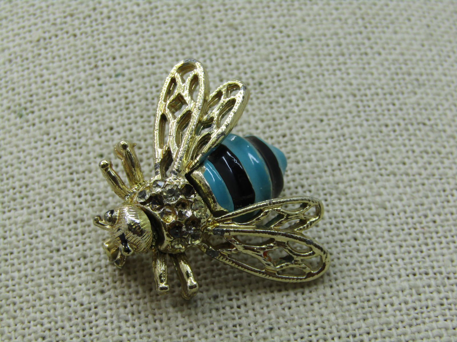 Vintage Enameled Bee Brooch, Rhinestones, 1960's - 2