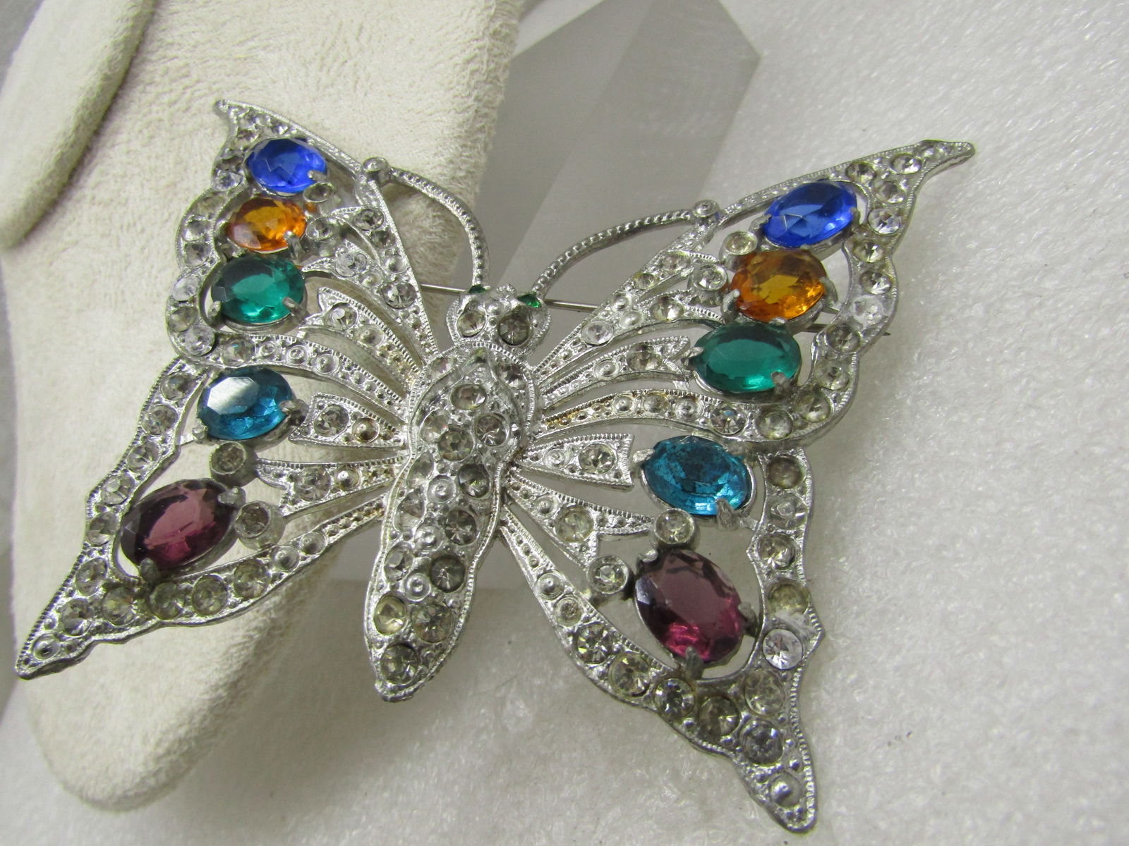 Art Deco Rhinestone Butterfly Brooch, 1930's, Large, Cast Metal - 6