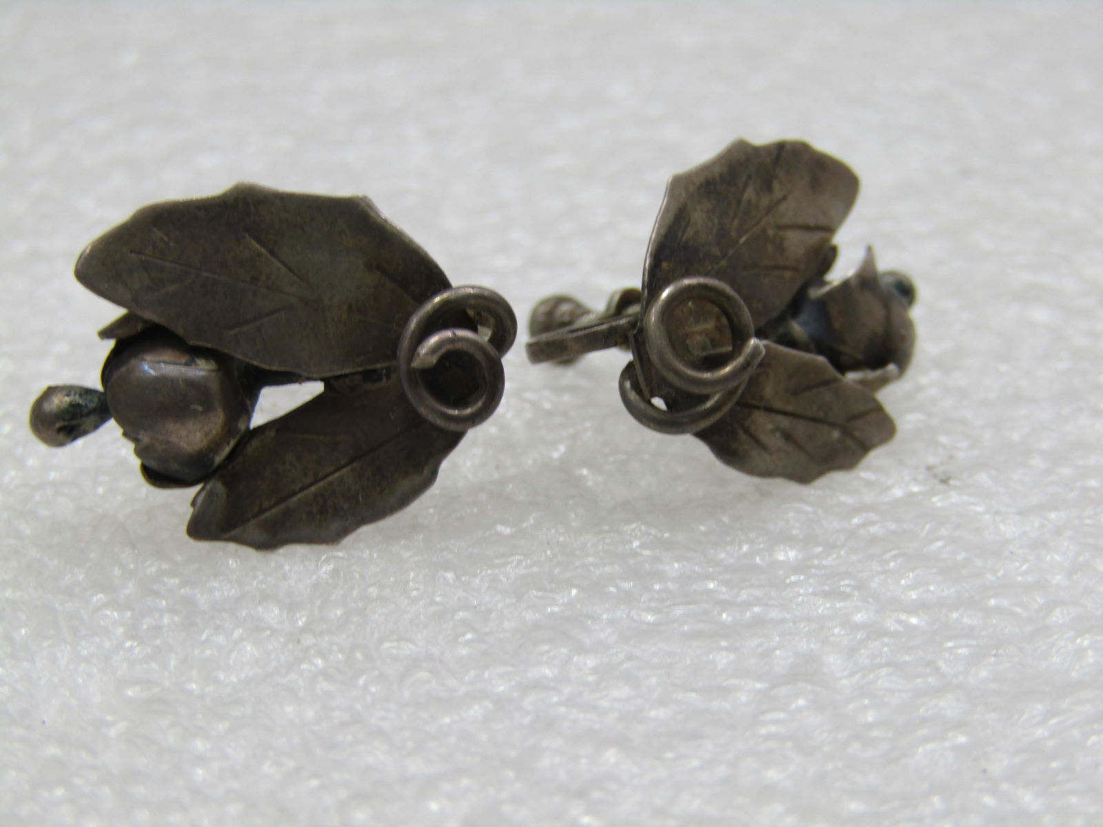 Vintage Sterling Leaf & Blossom Earrings, 1930's-1940's Screwback - 2