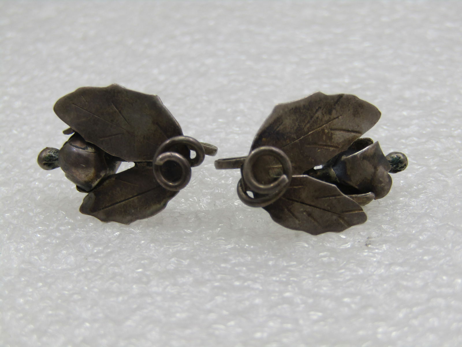 Vintage Sterling Leaf & Blossom Earrings, 1930's-1940's Screwback - 3