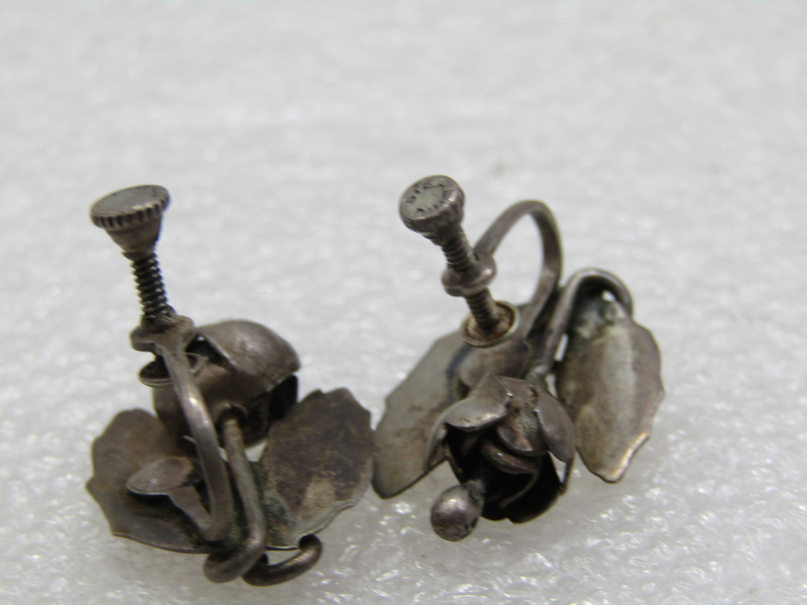 Vintage Sterling Leaf & Blossom Earrings, 1930's-1940's Screwback - 7