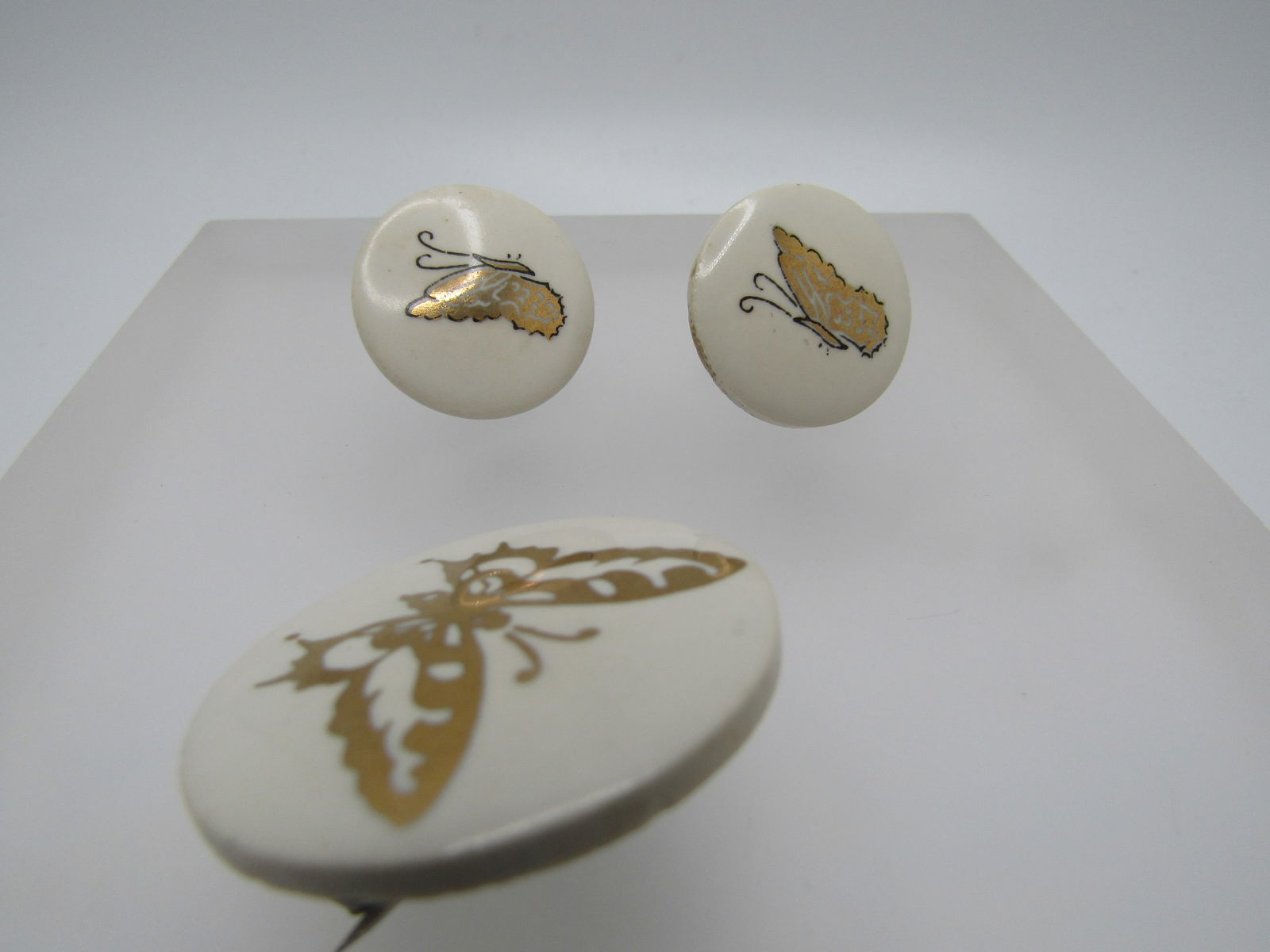 Vintage Ceramic Gold Butterfly Brooch & Earrings, Screwback, 1960's-1970's - 4