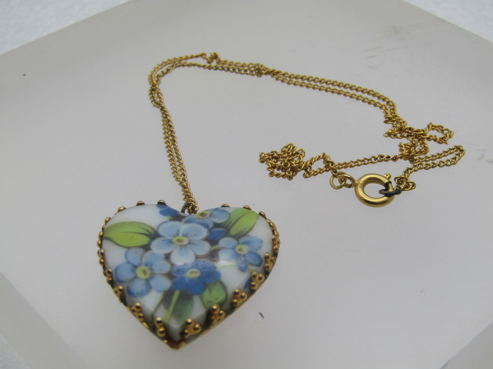 Vintage Forget-Me-Not Floral Heart Necklace, 15.5", 1960's-1970's - 6