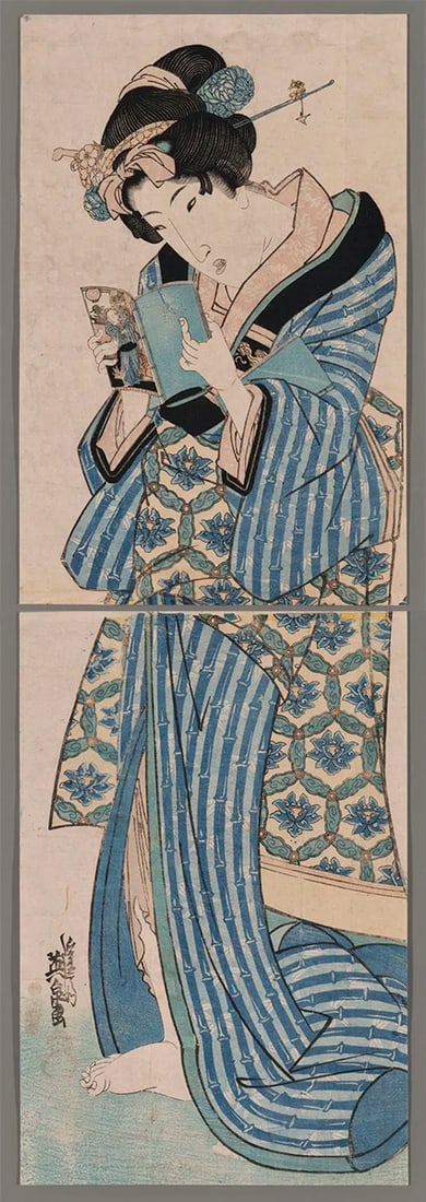 Ikeda EISEN (1790-1848): Courtesan with 'ehon' (illustrated book): Artist: Ikeda EISEN (1790-1848)Title:Courtesan with 'ehon' (illustrated book)Date:1830sMedium:Woodblock printSize/Format:vertical oban diptych (c. 28 3/8" x 9 1/2"; two sheets)Condition:Very good