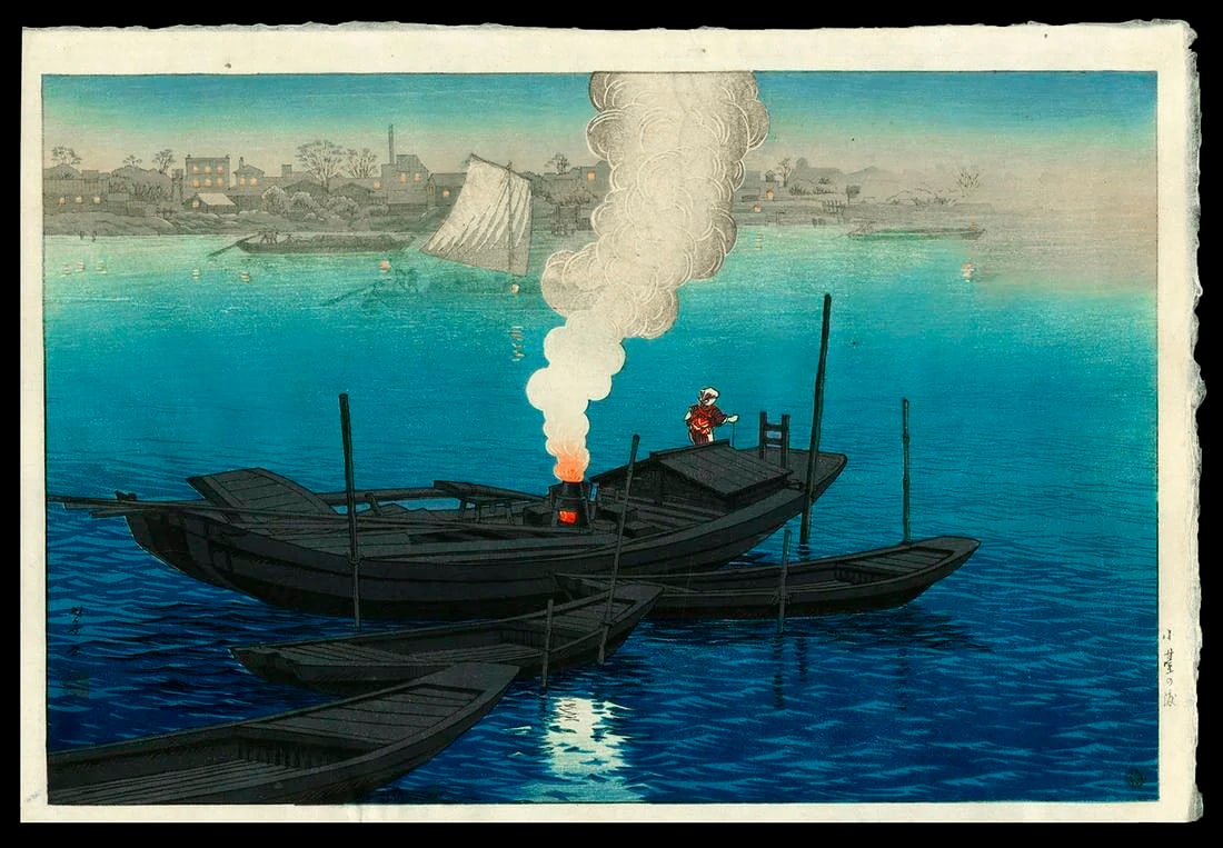 ITO, Takashi (1894-1983): Odai Ferry in Tokyo: Artist: ITO, Takashi (1894-1983) Title:Odai Ferry in Tokyo Publisher:Watanabe Date:c. 1930 Medium:woodblock print Size/Format:oban yoko-e (c. 9 1/2" x 14 1/4") Description:Round publisher's seal at lo