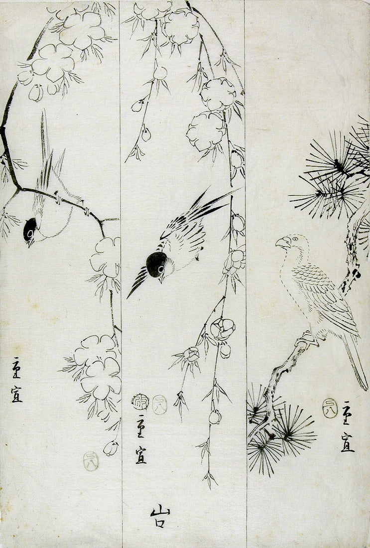 HIROSHIGE II, Utagawa (1829-69): Parrot, sparrow and a small bird: Artist: HIROSHIGE II, Utagawa (1829-69) Title:Parrot, sparrow and a small bird Series: Three finished preparatory drawings Publisher:Yamaguchi-ya Tobei Date:Snake 8 ( 8th month, 1857) Medium:Preparato