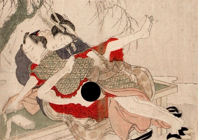 Anonymous - 2 prints: Couples: Artist: Anonymous - 2 prints Title:Couples Series: From a series of shunga prints Date:c. 1830s-50s Medium:woodblock print Size/Format:koban (c. 3.5" x 5") Description:The print depicting a couple in